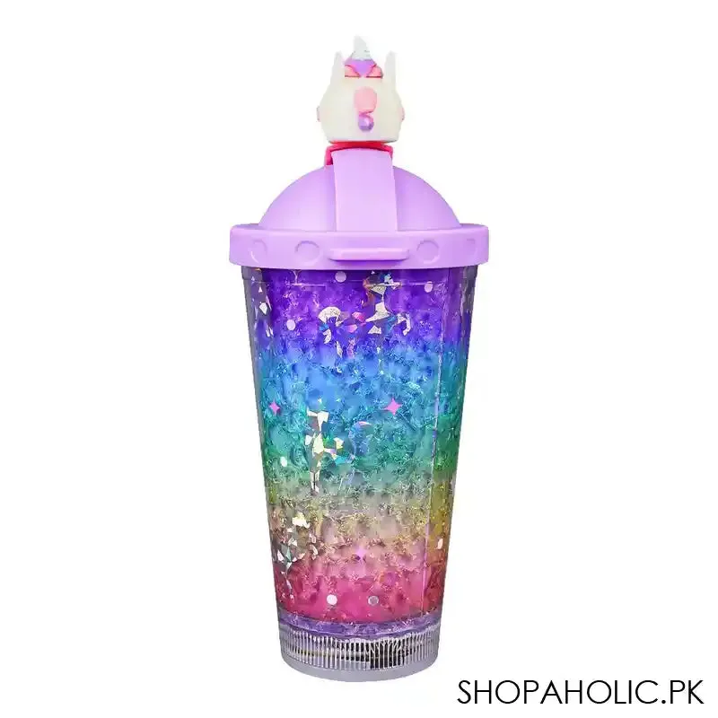 Unicorn Theme BPA Free Plastic Tumbler Water Bottle With Straw & Strap, Insulated Travel Mug, Purple, 500ml Capacity, WBD9100