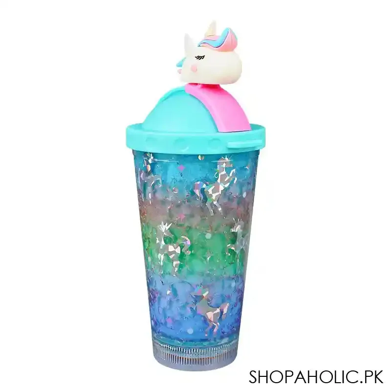 Unicorn Theme BPA Free Plastic Tumbler Water Bottle With Straw & Strap, Insulated Travel Mug, Sea Green, 500ml Capacity, WBD9100