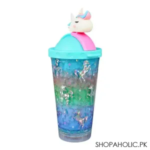 Unicorn Theme BPA Free Plastic Tumbler Water Bottle With Straw & Strap, Insulated Travel Mug, Sea Green, 500ml Capacity, WBD9100