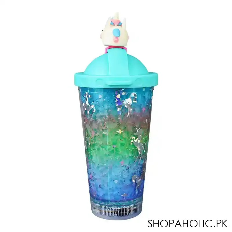 Unicorn Theme BPA Free Plastic Tumbler Water Bottle With Straw & Strap, Insulated Travel Mug, Sea Green, 500ml Capacity, WBD9100