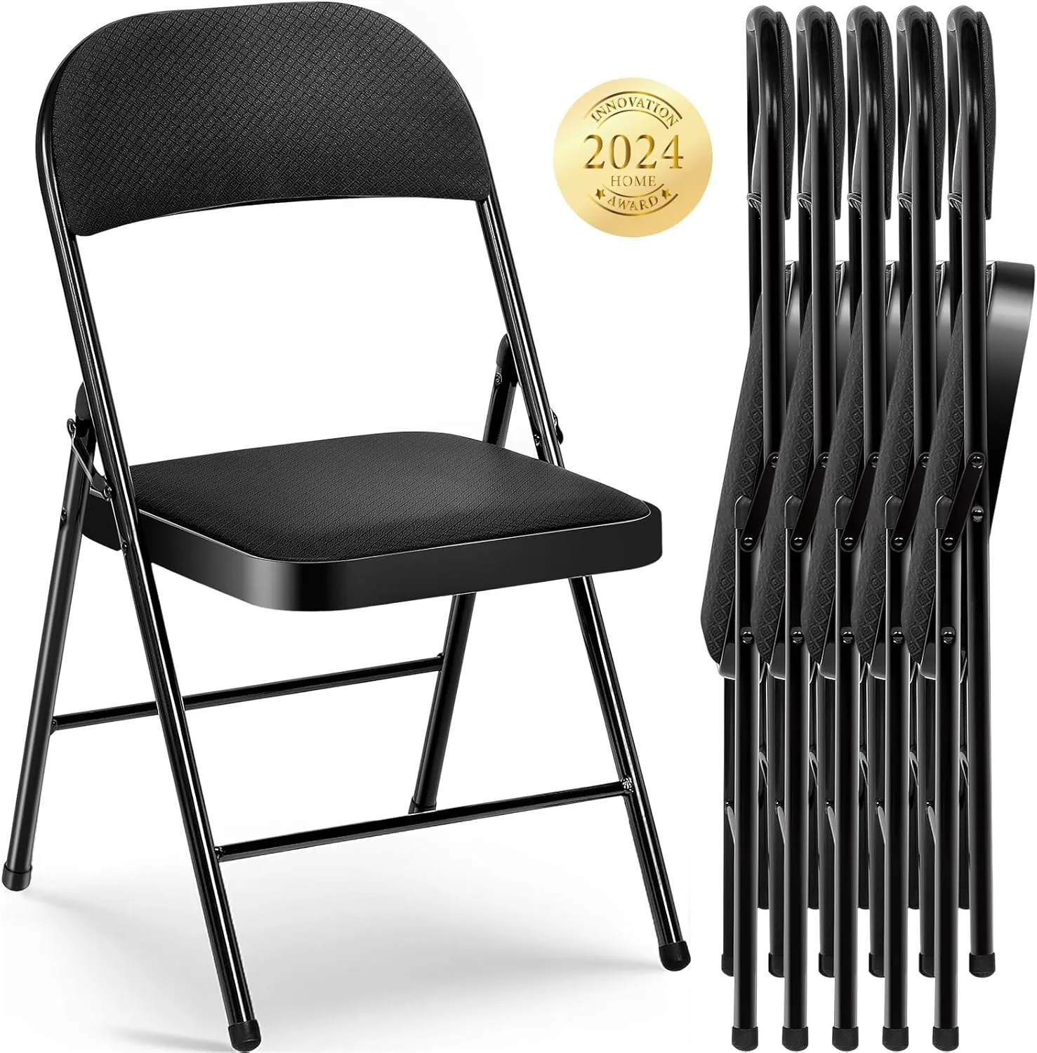 Upgrade 6 Pack Fabric Folding Chair with Cushion Heavy Duty Folding Chair for Outside and Indoor Padded Folding Chairs Durable Steel Frame for Home and Office Party, Black