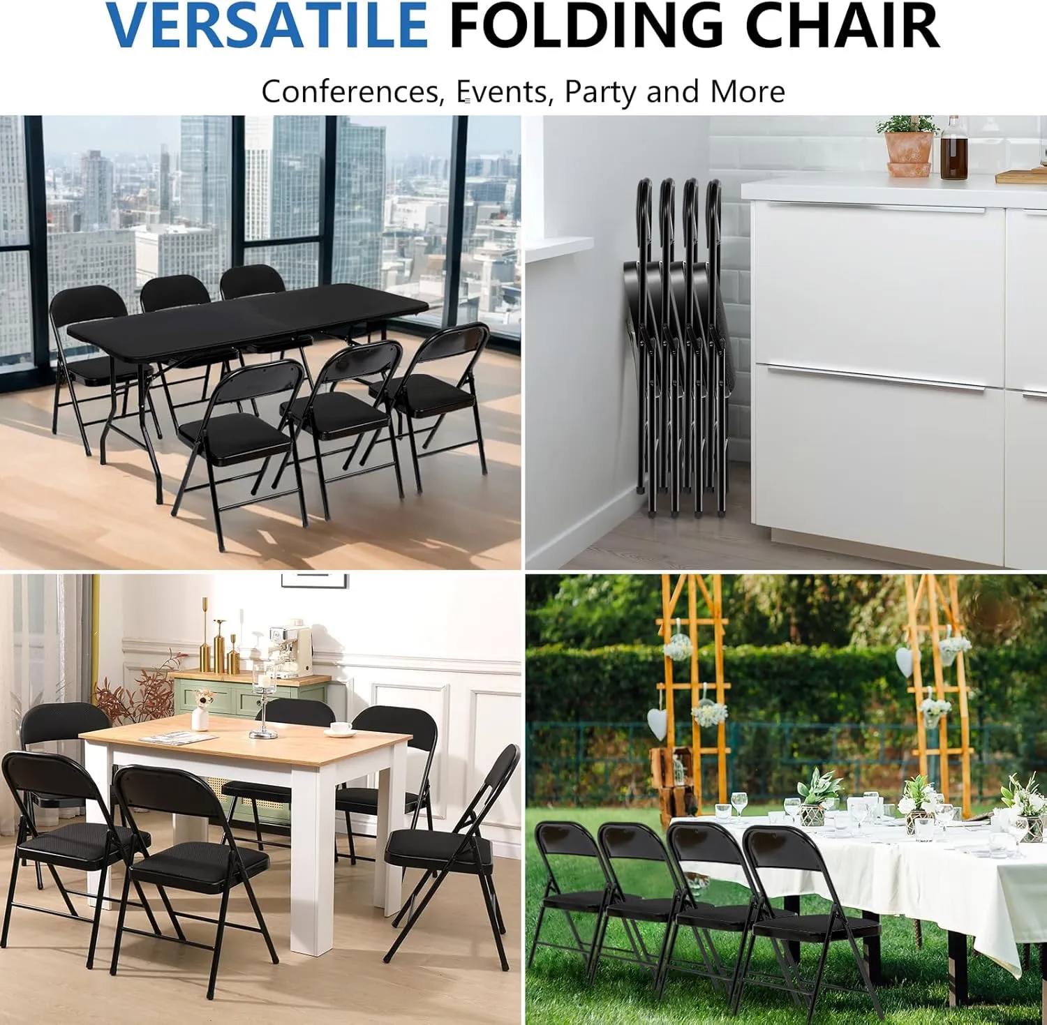 Upgrade 6 Pack Fabric Folding Chair with Cushion Heavy Duty Folding Chair for Outside and Indoor Padded Folding Chairs Durable Steel Frame for Home and Office Party, Black