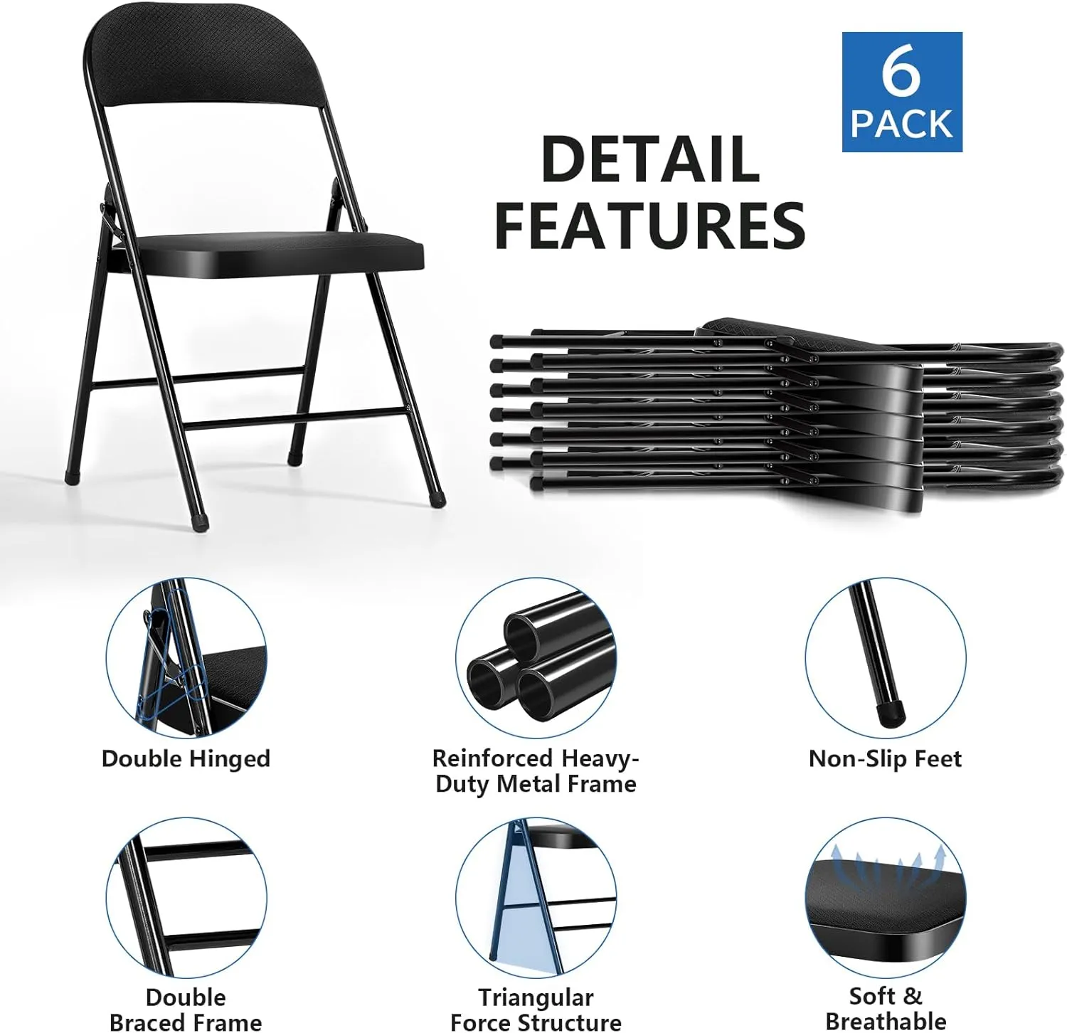 Upgrade 6 Pack Fabric Folding Chair with Cushion Heavy Duty Folding Chair for Outside and Indoor Padded Folding Chairs Durable Steel Frame for Home and Office Party, Black