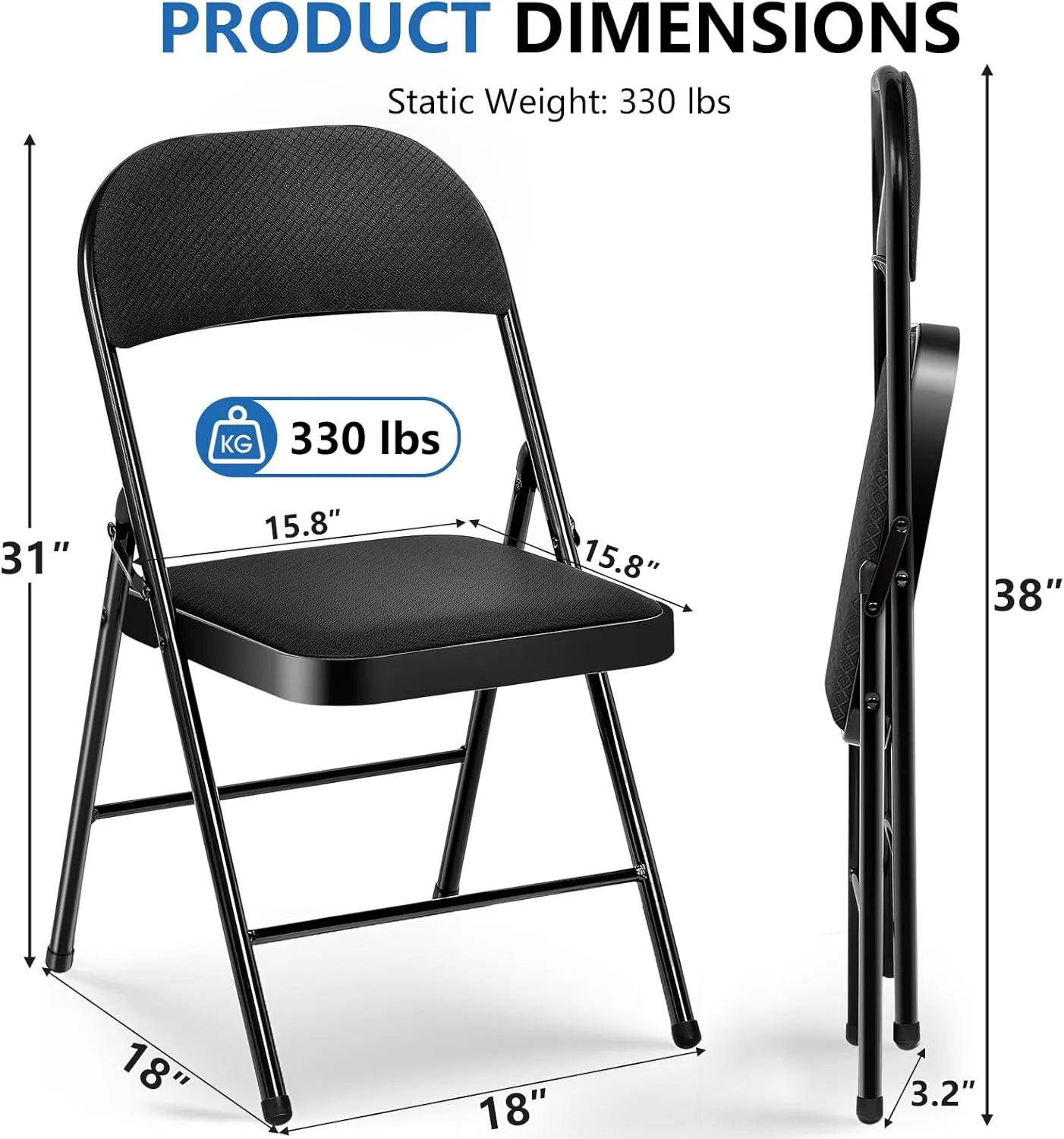 Upgrade 6 Pack Fabric Folding Chair with Cushion Heavy Duty Folding Chair for Outside and Indoor Padded Folding Chairs Durable Steel Frame for Home and Office Party, Black