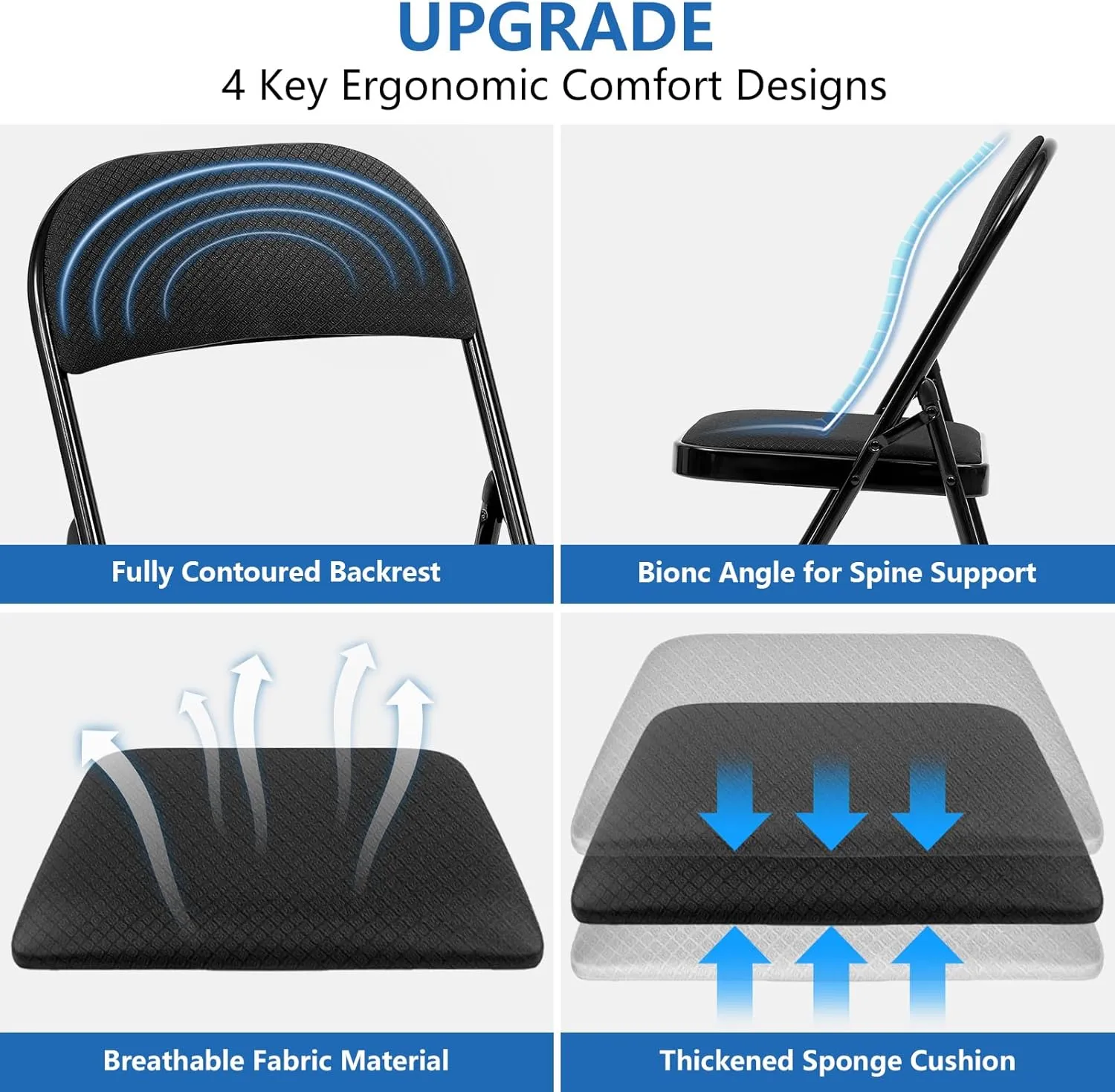 Upgrade 6 Pack Fabric Folding Chair with Cushion Heavy Duty Folding Chair for Outside and Indoor Padded Folding Chairs Durable Steel Frame for Home and Office Party, Black