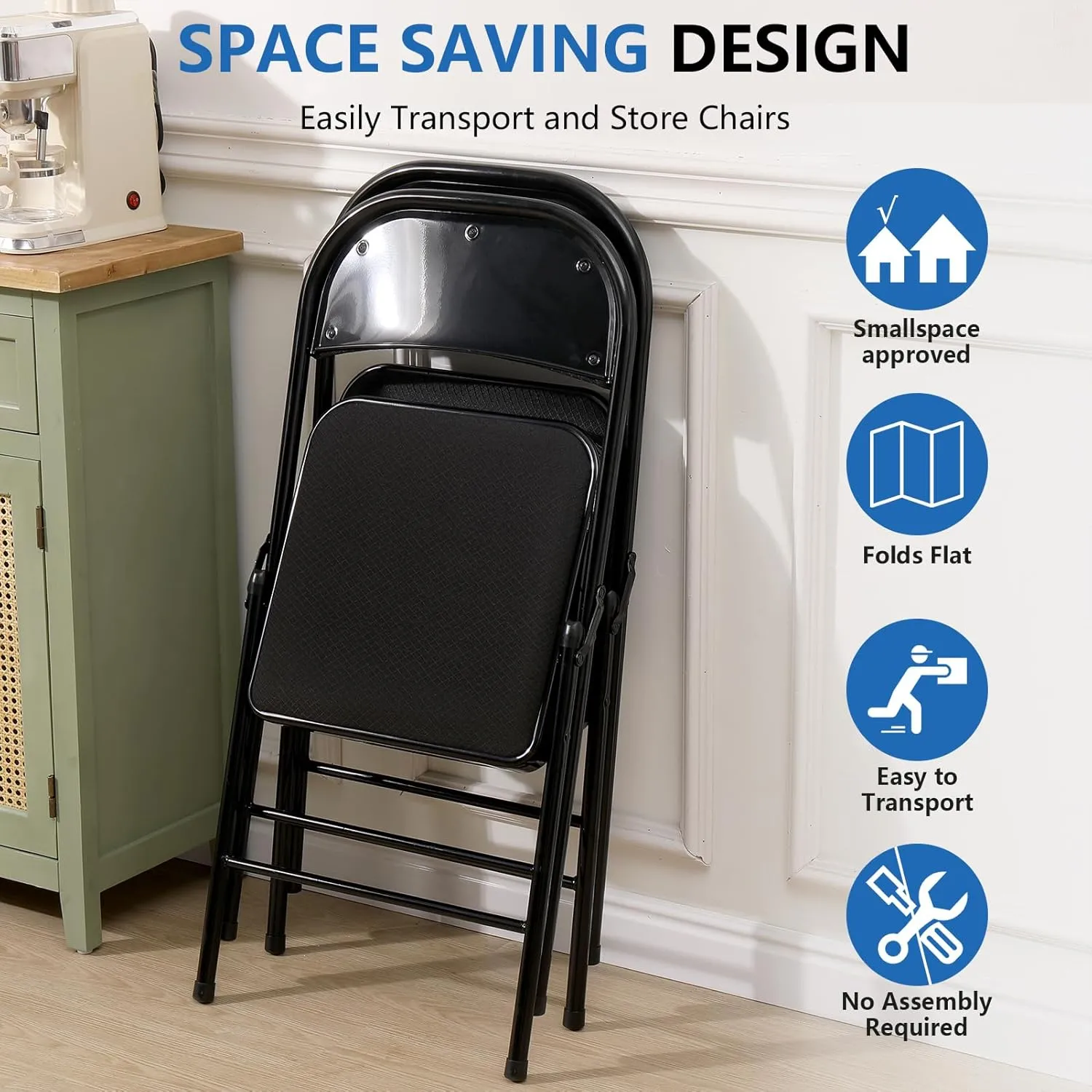 Upgrade 6 Pack Fabric Folding Chair with Cushion Heavy Duty Folding Chair for Outside and Indoor Padded Folding Chairs Durable Steel Frame for Home and Office Party, Black
