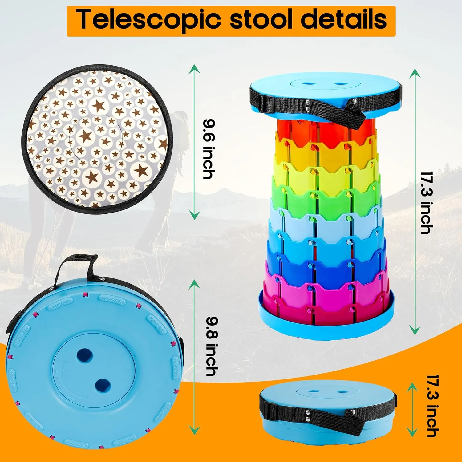 Upgraded Portable Folding Stool with Seat Cushion and Nylon Bag Adjustable Stool with 350lbs Load Capacity Collapsible Camping Stool for Adults Outdoor Travel, Fishing. (1, Blue Rainbow)
