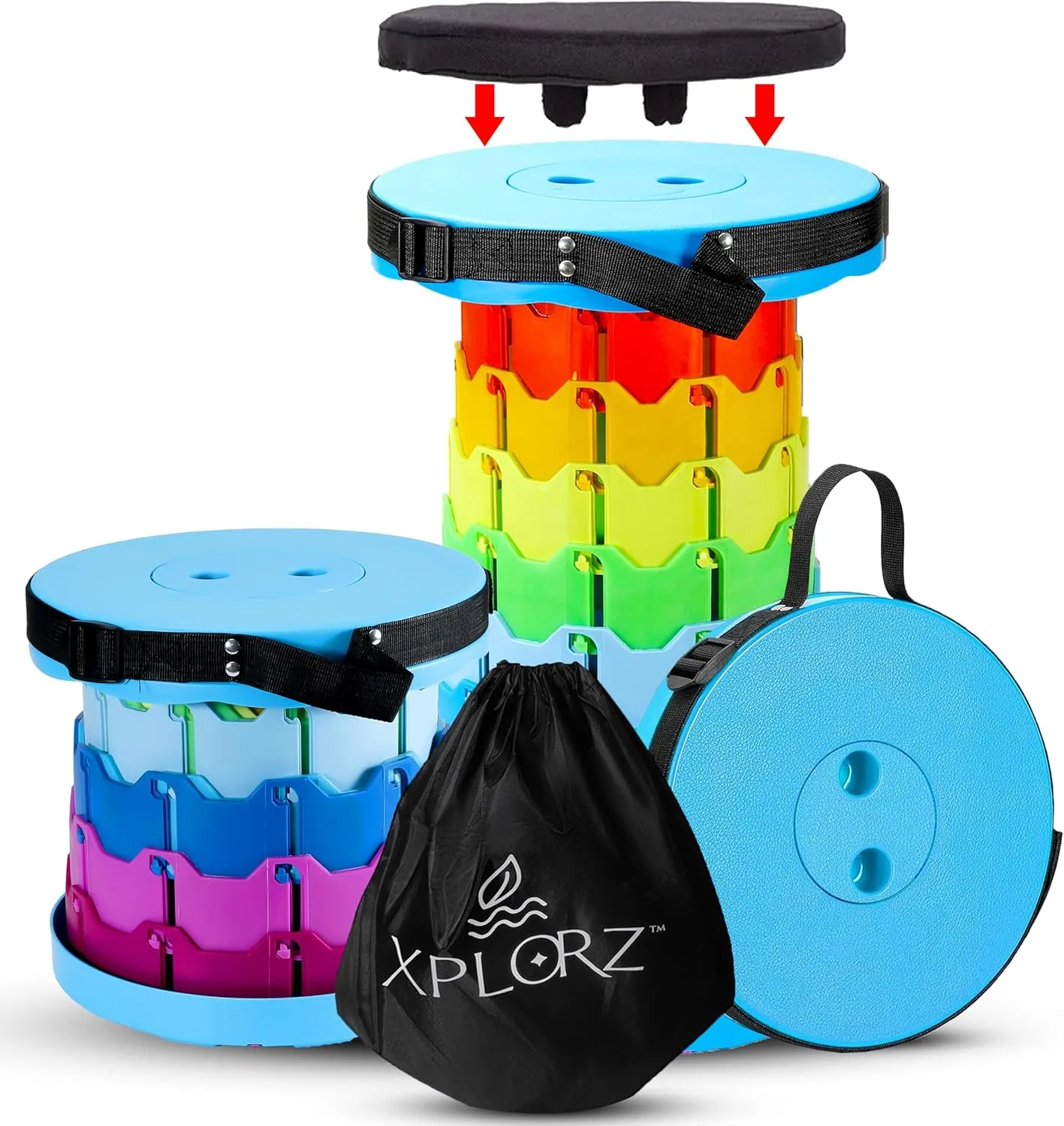 Upgraded Portable Folding Stool with Seat Cushion and Nylon Bag Adjustable Stool with 350lbs Load Capacity Collapsible Camping Stool for Adults Outdoor Travel, Fishing. (1, Blue Rainbow)