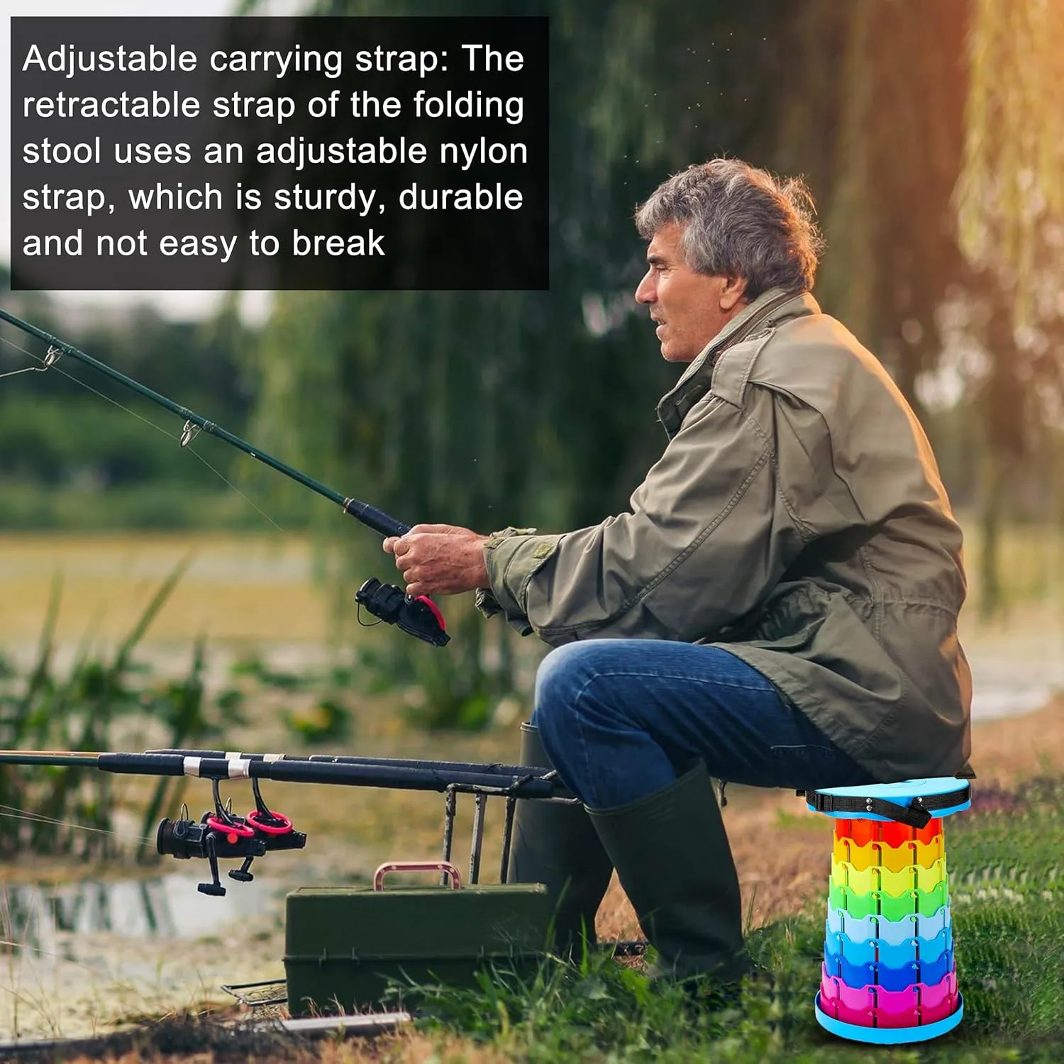 Upgraded Portable Folding Stool with Seat Cushion and Nylon Bag Adjustable Stool with 350lbs Load Capacity Collapsible Camping Stool for Adults Outdoor Travel, Fishing. (1, Blue Rainbow)