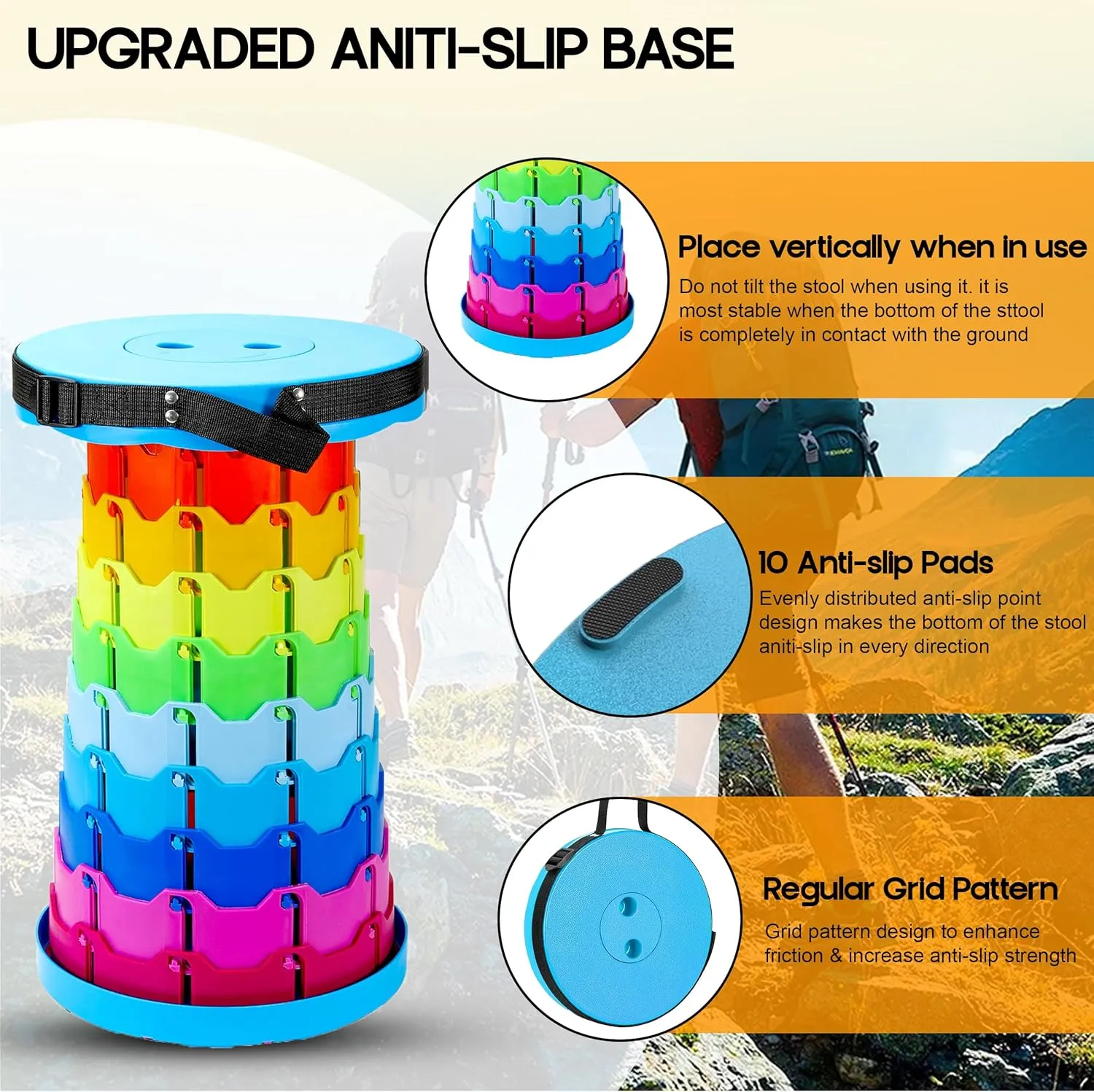 Upgraded Portable Folding Stool with Seat Cushion and Nylon Bag Adjustable Stool with 350lbs Load Capacity Collapsible Camping Stool for Adults Outdoor Travel, Fishing. (1, Blue Rainbow)