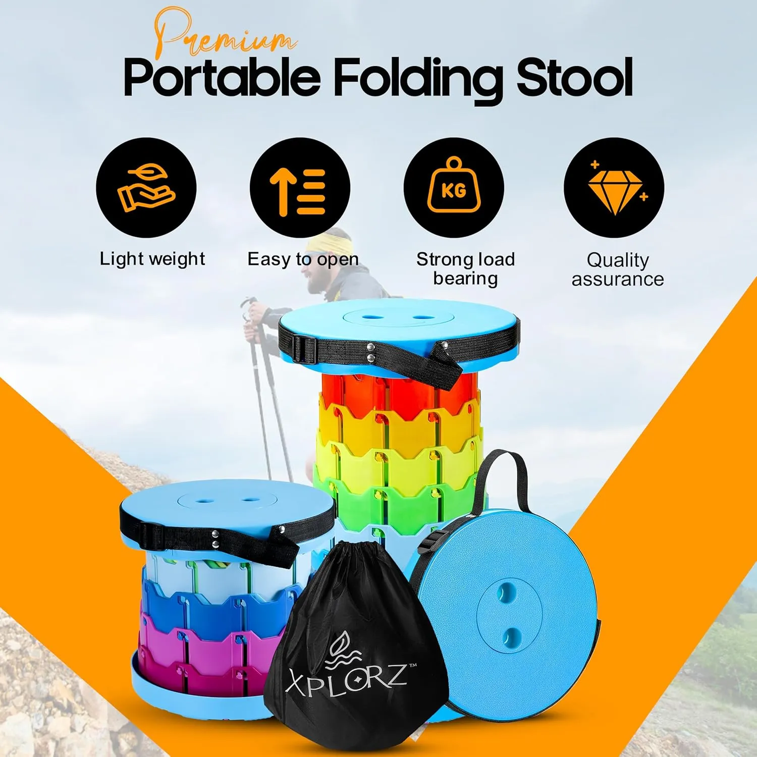Upgraded Portable Folding Stool with Seat Cushion and Nylon Bag Adjustable Stool with 350lbs Load Capacity Collapsible Camping Stool for Adults Outdoor Travel, Fishing. (1, Blue Rainbow)