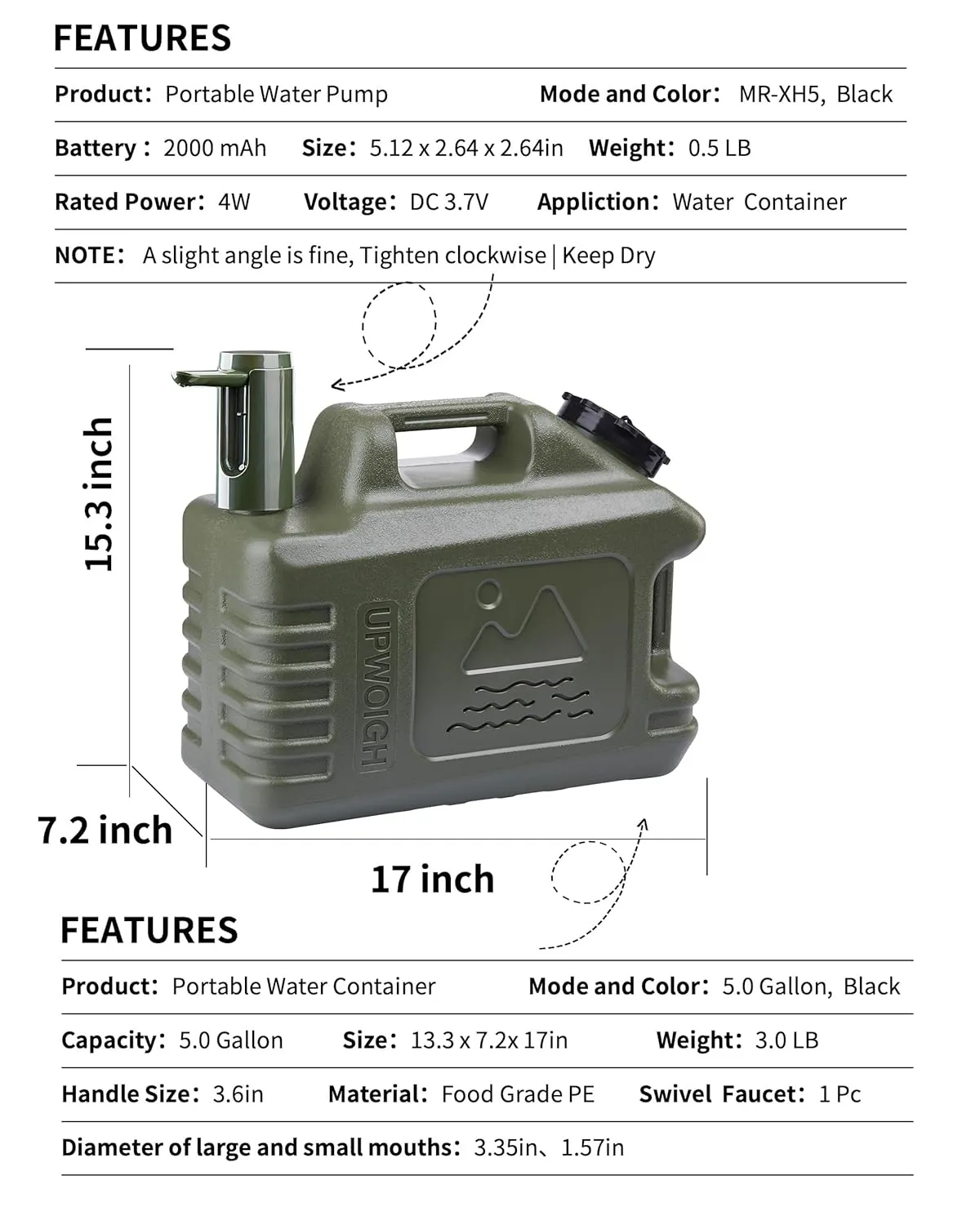 UPWOIGH Portable 5 Gallon Water Jug with Automatic Touch Control Pump, Truly Leak-Proof BPA-Free Water Container with Spigot, Type-C Rechargeable Military Green Water Pump Gear for Camping Hiking