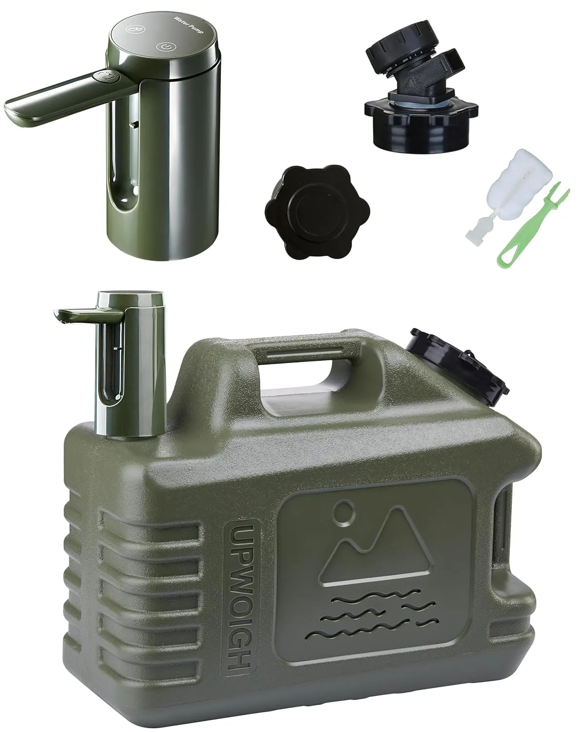 UPWOIGH Portable 5 Gallon Water Jug with Automatic Touch Control Pump, Truly Leak-Proof BPA-Free Water Container with Spigot, Type-C Rechargeable Military Green Water Pump Gear for Camping Hiking