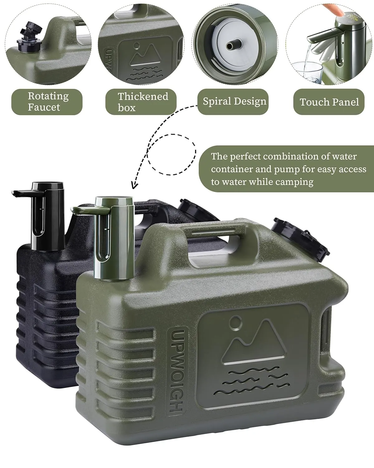 UPWOIGH Portable 5 Gallon Water Jug with Automatic Touch Control Pump, Truly Leak-Proof BPA-Free Water Container with Spigot, Type-C Rechargeable Military Green Water Pump Gear for Camping Hiking