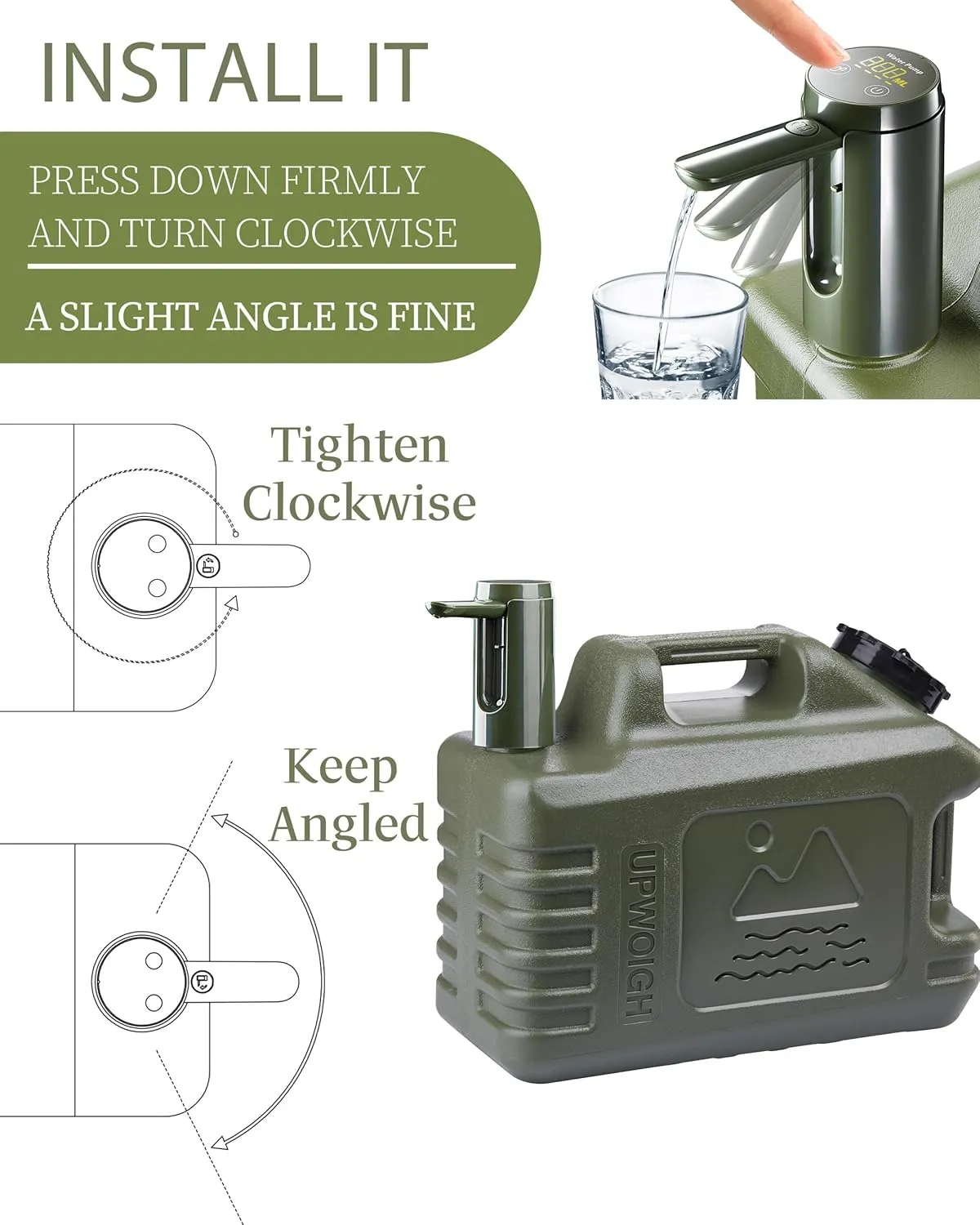 UPWOIGH Portable 5 Gallon Water Jug with Automatic Touch Control Pump, Truly Leak-Proof BPA-Free Water Container with Spigot, Type-C Rechargeable Military Green Water Pump Gear for Camping Hiking