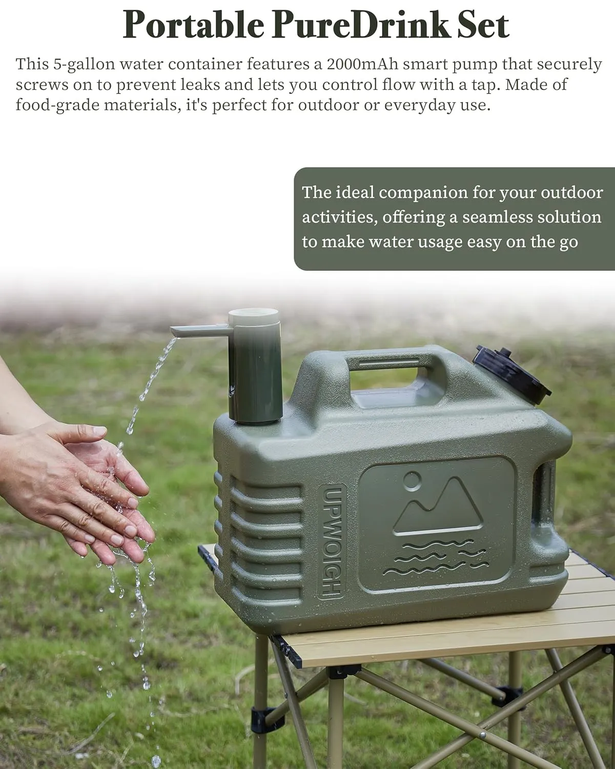 UPWOIGH Portable 5 Gallon Water Jug with Automatic Touch Control Pump, Truly Leak-Proof BPA-Free Water Container with Spigot, Type-C Rechargeable Military Green Water Pump Gear for Camping Hiking