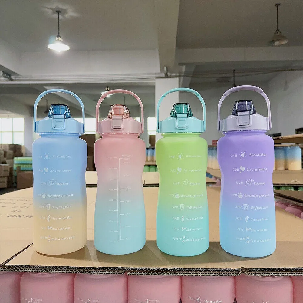 US Half Gallon 64 OZ Motivational Water Bottle Straw Time Marker BPA Free
