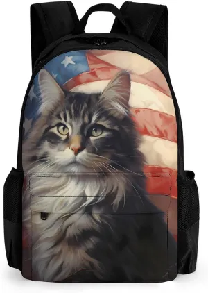 USA Flag White Tabby Norwegian Forest Cat Laptop Backpack Lightweight Travel Shoulder Bag Casual Daypack for Men Women