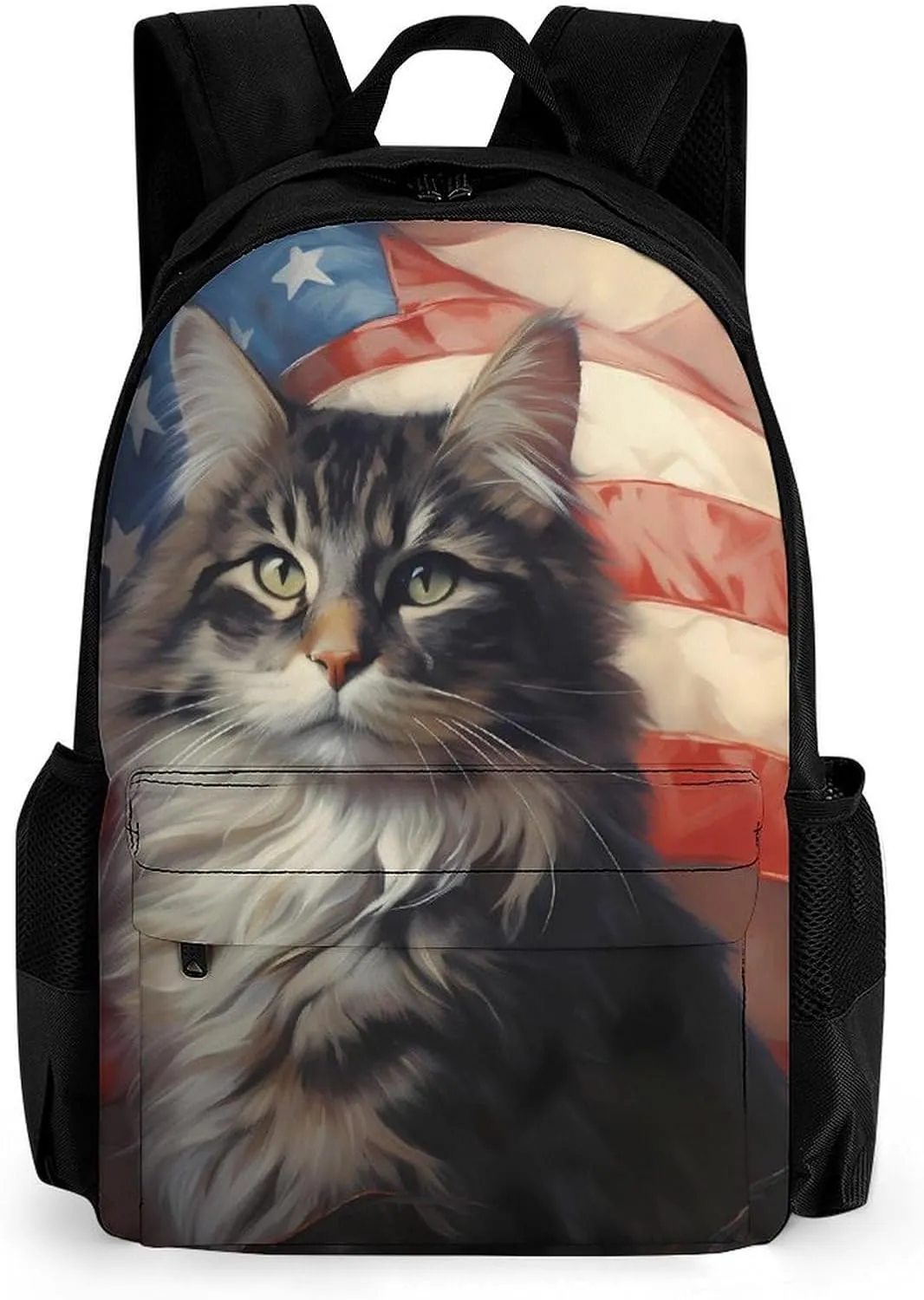 USA Flag White Tabby Norwegian Forest Cat Laptop Backpack Lightweight Travel Shoulder Bag Casual Daypack for Men Women