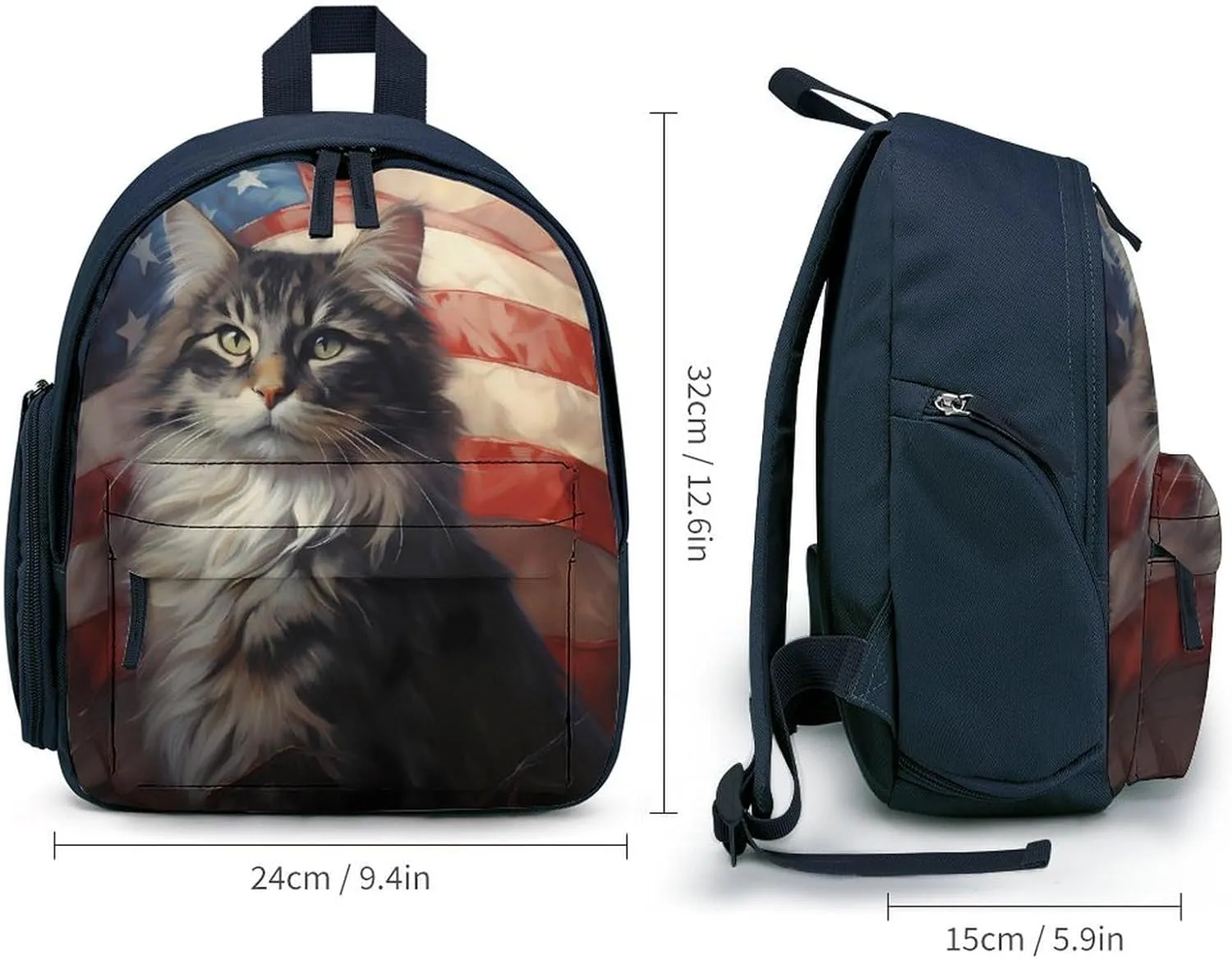 USA Flag White Tabby Norwegian Forest Cat Travel Laptop Backpack for Men Women Lightweight Shoulder Bag Work Bag Daypack