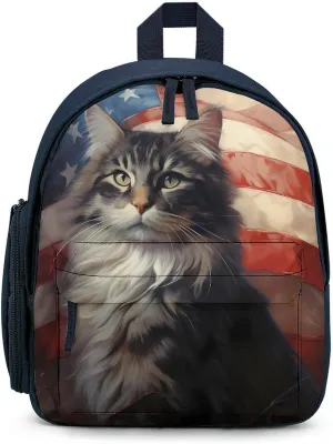 USA Flag White Tabby Norwegian Forest Cat Travel Laptop Backpack for Men Women Lightweight Shoulder Bag Work Bag Daypack