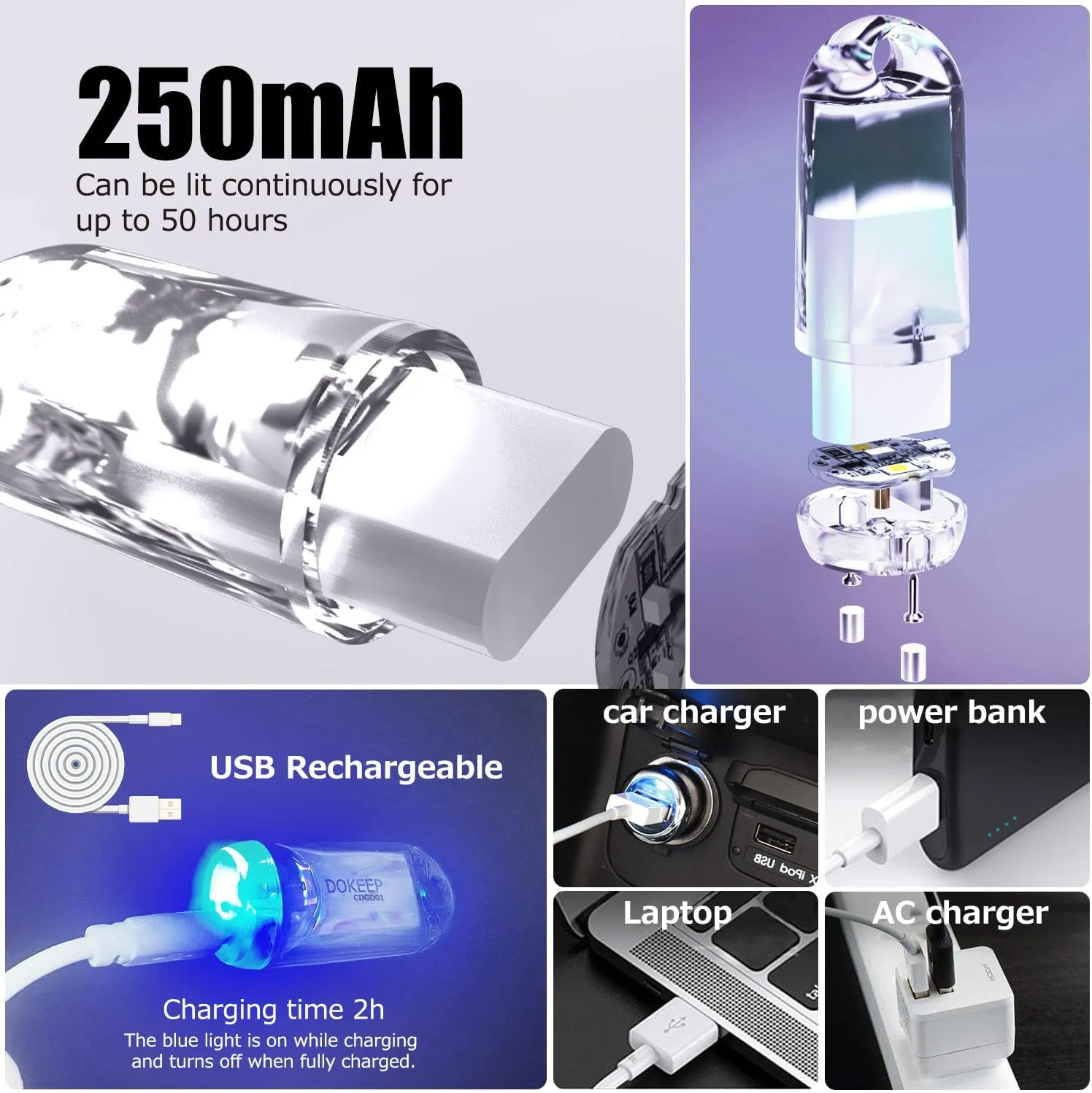 USB Mini LED Lantern, 2 Pack Waterproof EDC Keychain LED Flashlight for Camping, Type-C Rechargeable Battery Small Stick Lamp Puck Dog Collar Torch Light (Blue Red)