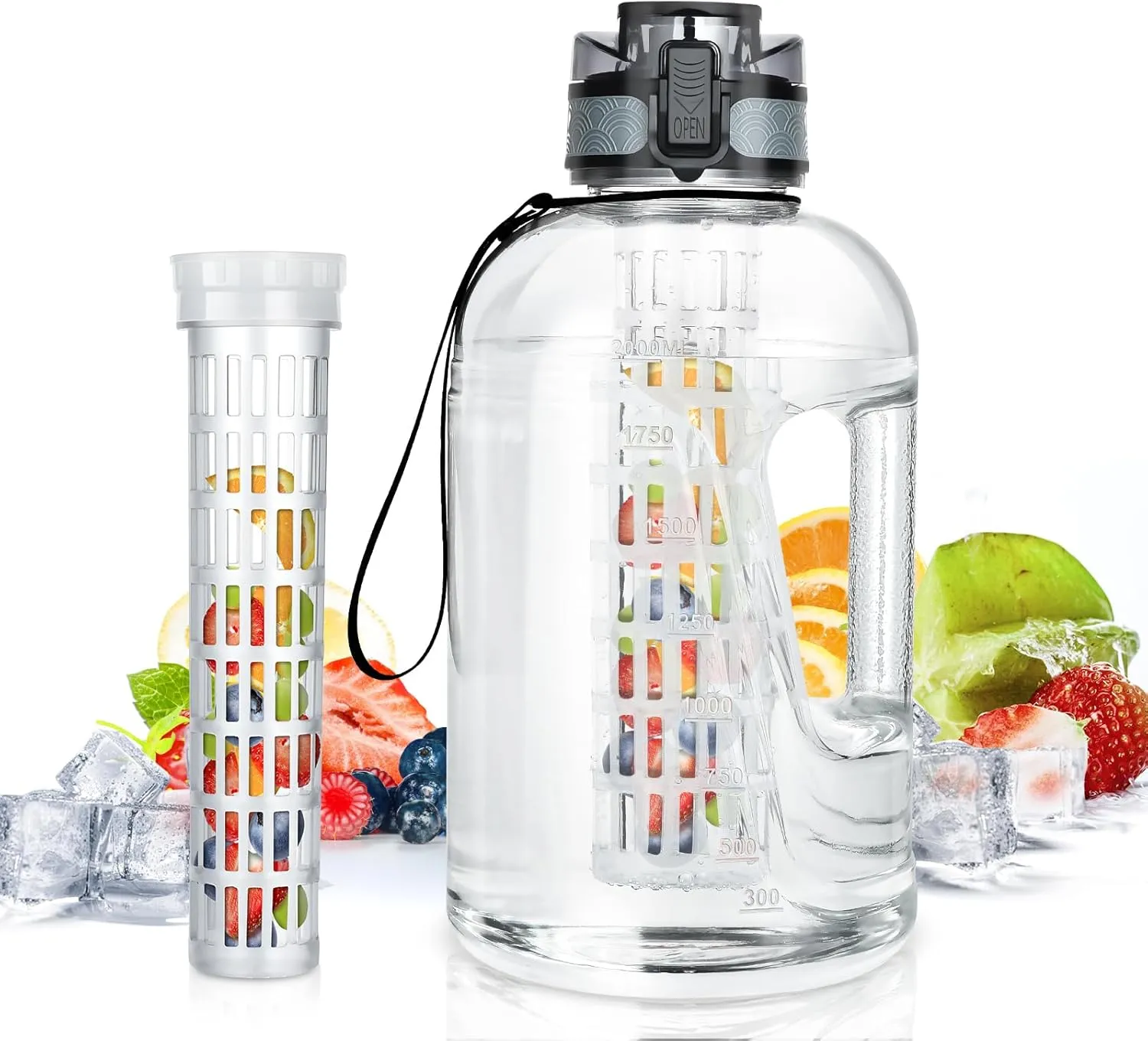 UTEBIT 74 OZ Fruit Infuser Water Bottle, Half Gallon Insulated Sports Water Bottle With Straw, 2.2L BPA Free Leak Proof Tritan Large Water Jug with Strap for Gym, Camping, Travel, Outdoor