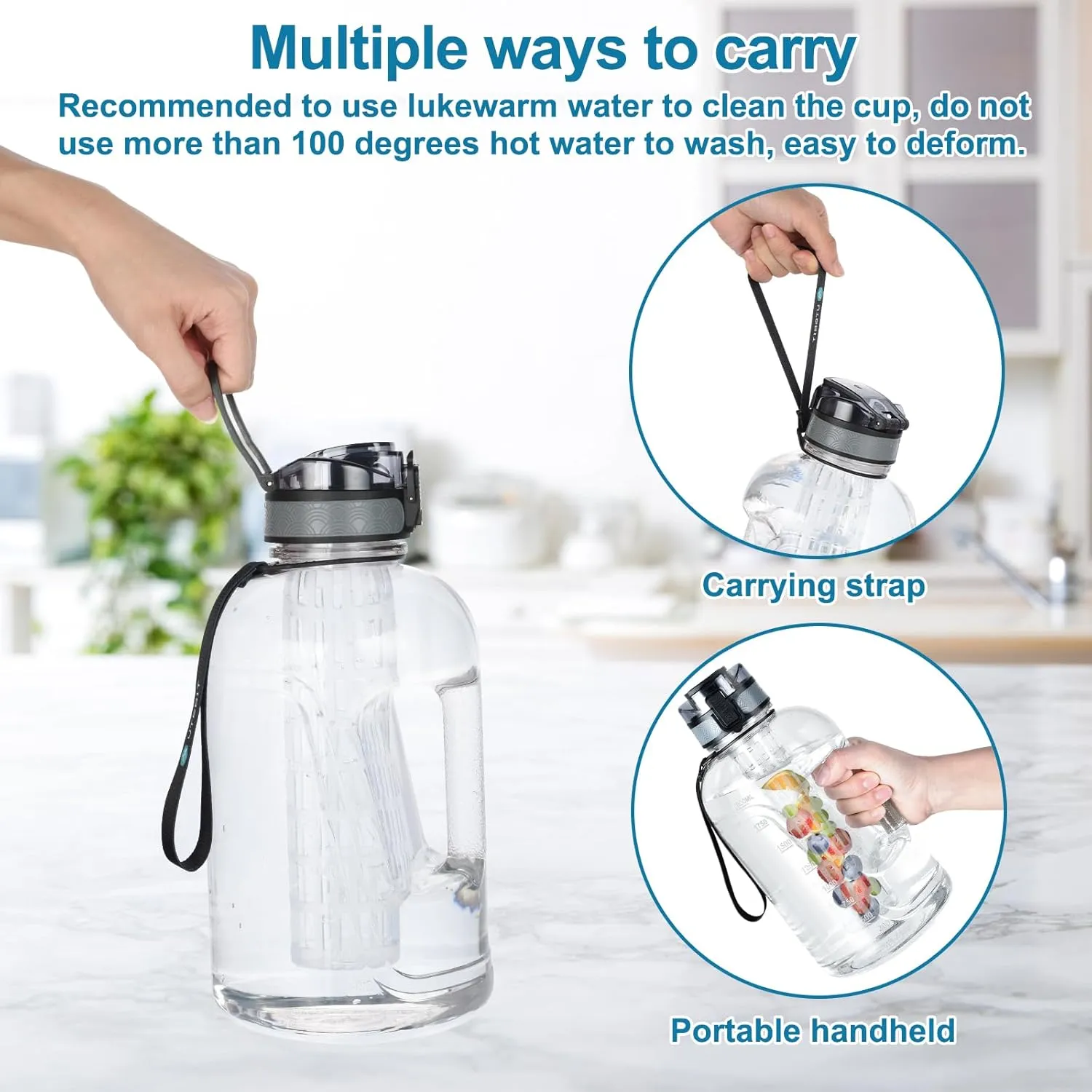 UTEBIT 74 OZ Fruit Infuser Water Bottle, Half Gallon Insulated Sports Water Bottle With Straw, 2.2L BPA Free Leak Proof Tritan Large Water Jug with Strap for Gym, Camping, Travel, Outdoor