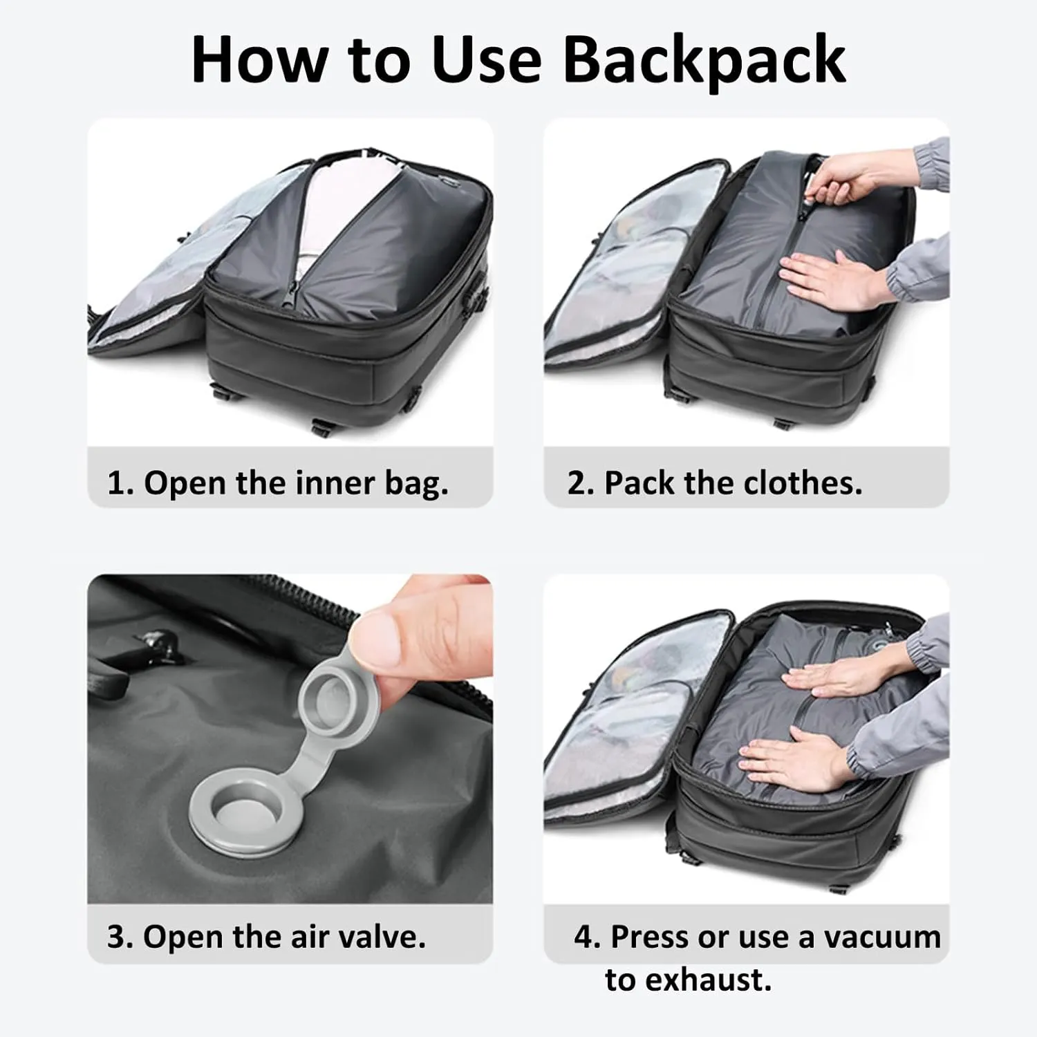 Vacpack Backpack, Airbag Backpack, Backpack with Vacuum Compression, Airpack Backpack with Pump, 60L Large Capacity Waterproof Anti-Theft Travel Backpack (A-Gray&Vacuum Pump)