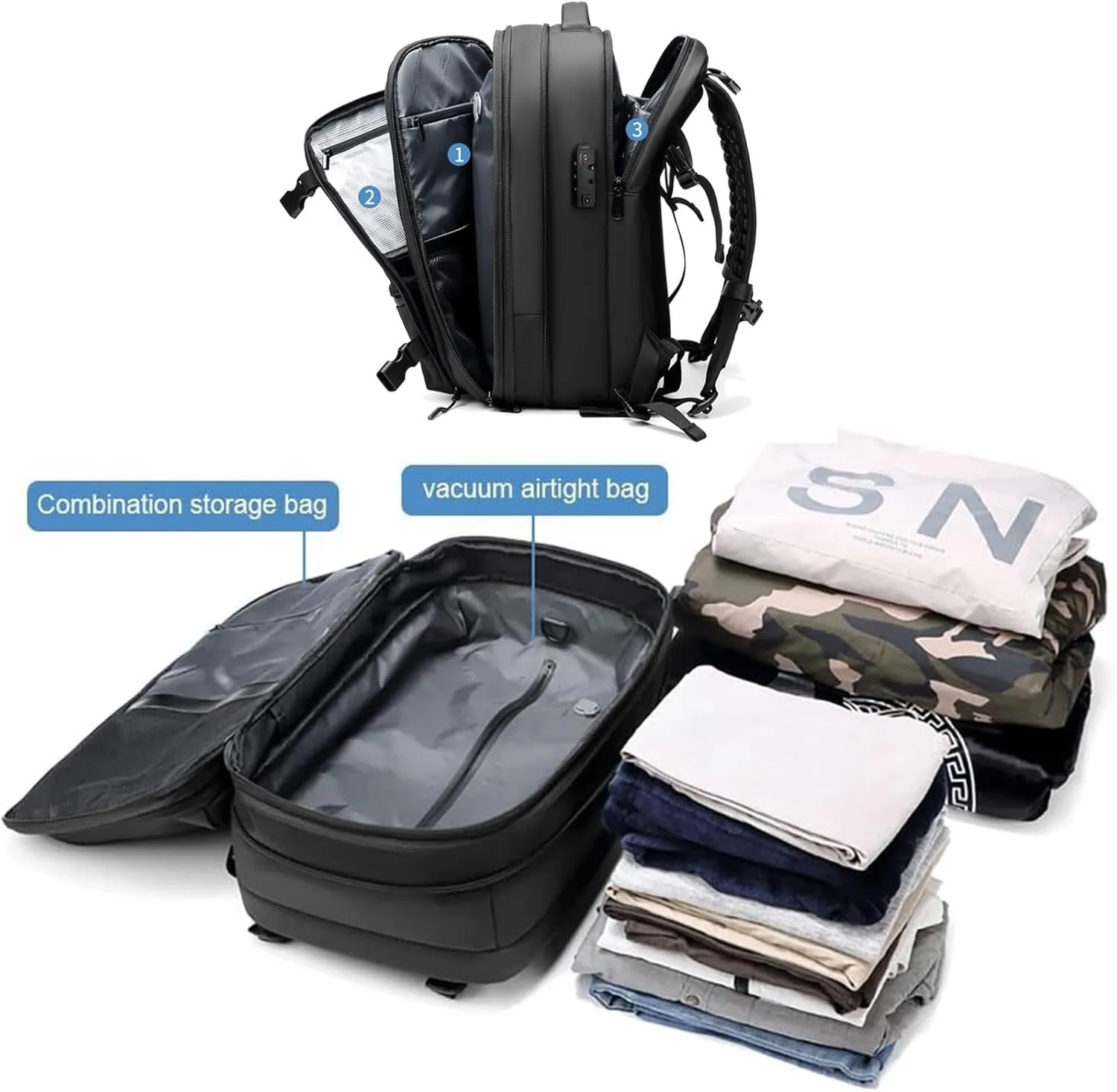 Vacpack Backpack, vacuum backpack, 60L Vacuum Compress Pack Expandable Backpack, Waterproof And Anti-Theft Travel(Gray,Without vacuum pump)