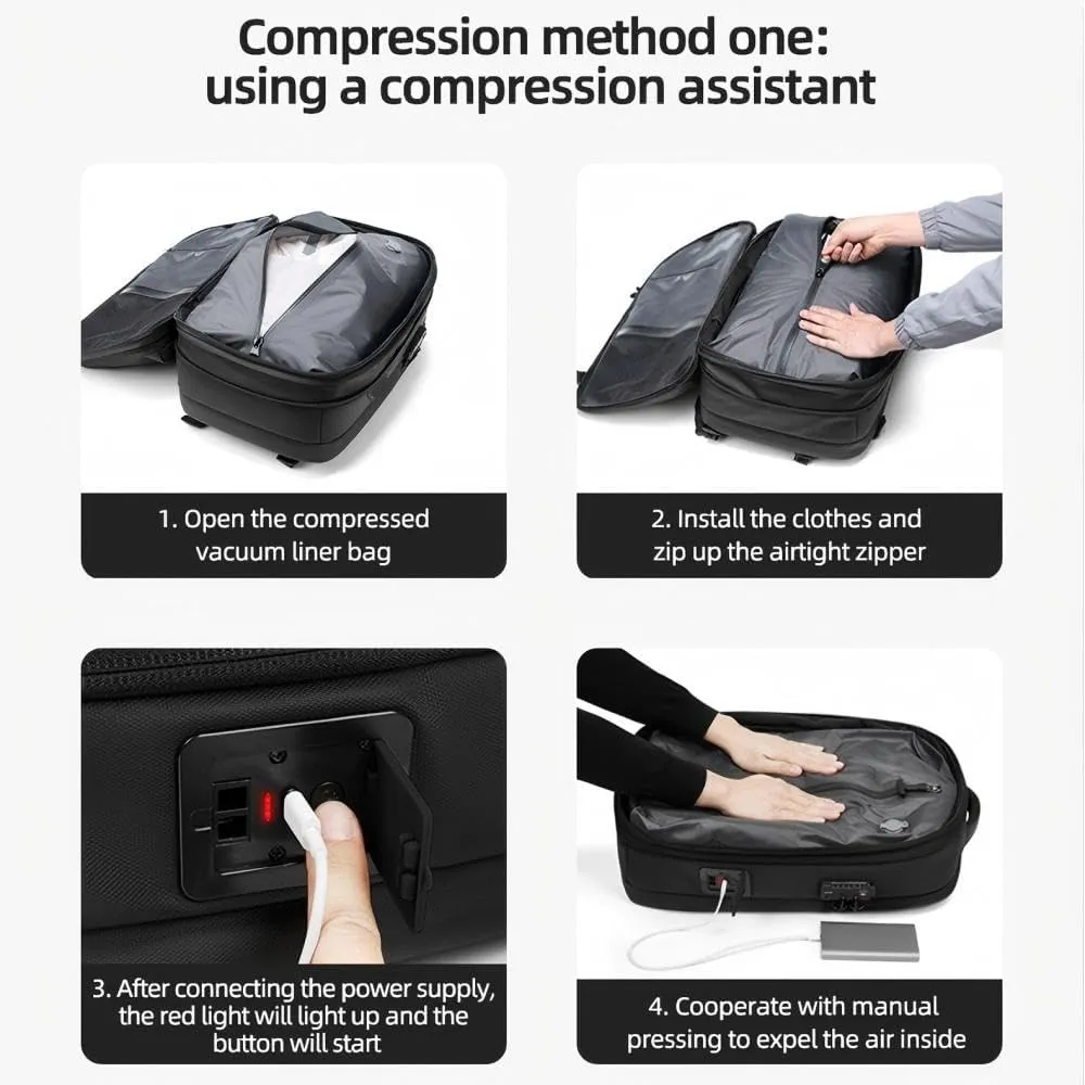 Vacpack Backpack with Vacuum, 60l Expandable Travel with Pump, Vacuum Seal Compression Travel Backpack (Black-Built-in compressor design)