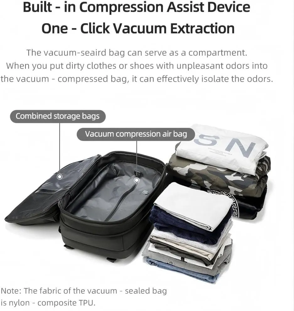 Vacpack Backpack with Vacuum, 60l Expandable Travel with Pump, Vacuum Seal Compression Travel Backpack (Black-Built-in compressor design)