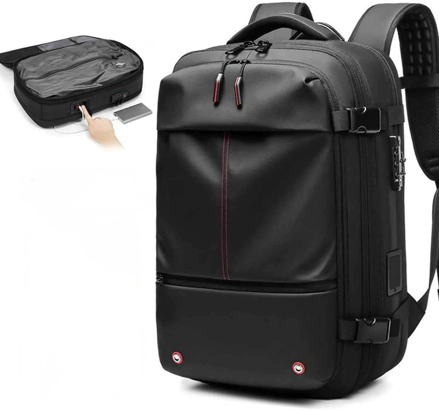 Vacpack Backpack with Vacuum, 60l Expandable Travel with Pump, Vacuum Seal Compression Travel Backpack (Black-Built-in compressor design)