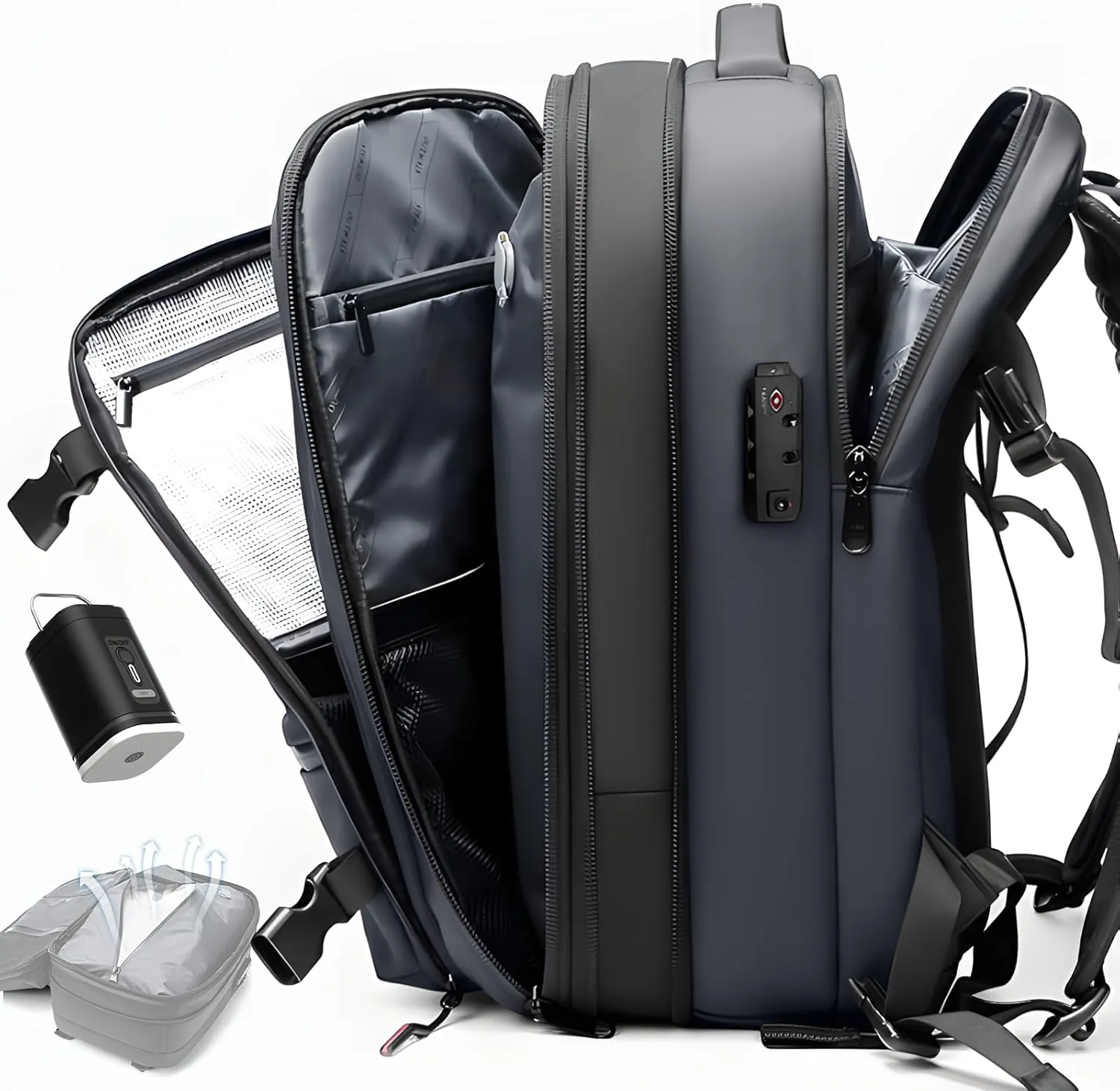 Vacpack, Vacuum Backpack, Carry On Airback Backpack, 60L Expandable Travel Airbag with Vacuum Seal Compression, Water Resistant, TSA Anti-Theft (Electric Air Pump Included)