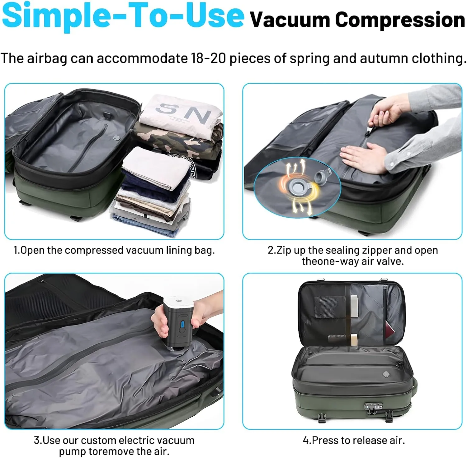 Vacpack, Vacuum Backpack, Carry On Airback Backpack, 60L Expandable Travel Airbag with Vacuum Seal Compression, Water Resistant, TSA Anti-Theft (Electric Air Pump Included)