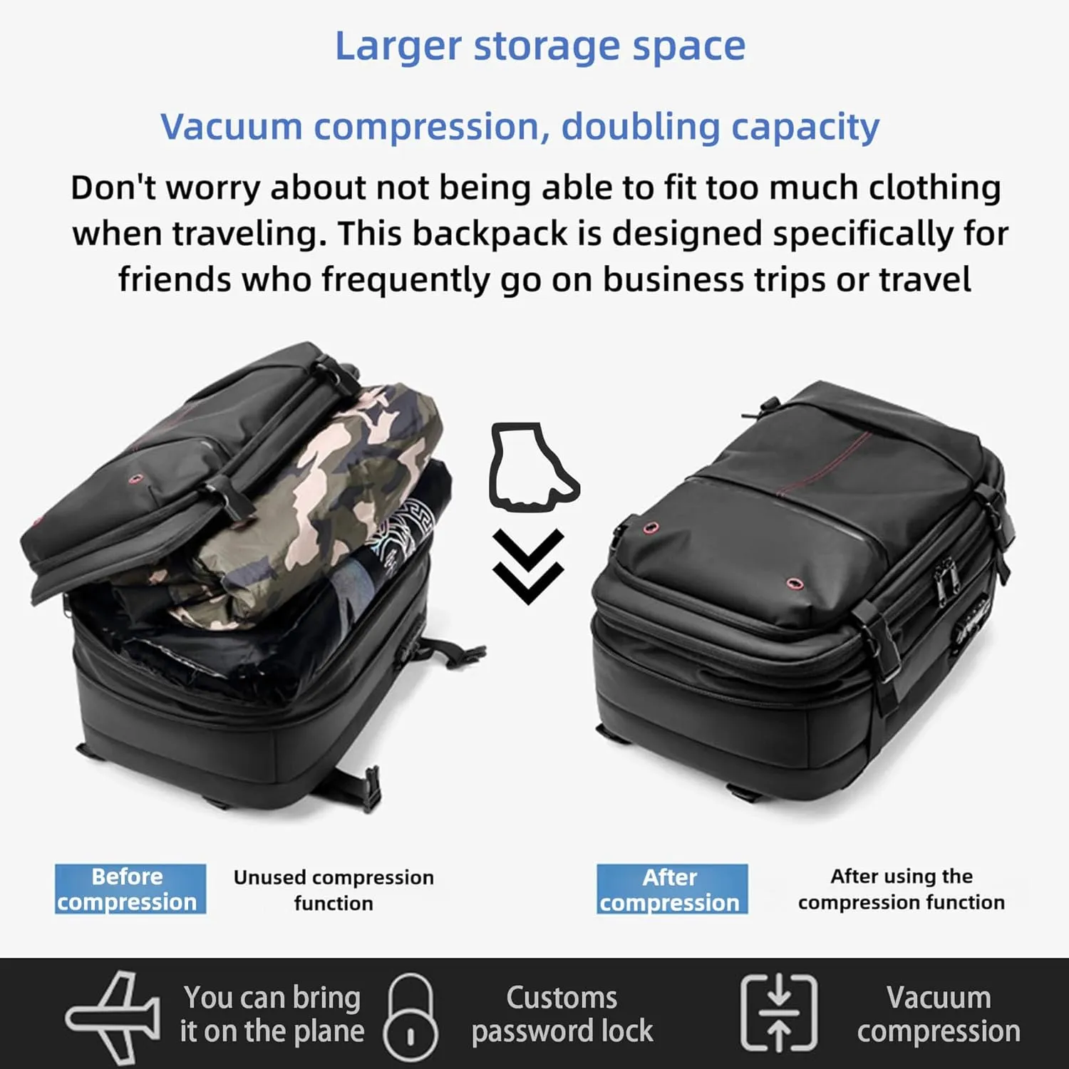 Vacpack Vacuum Backpack with Pump,60L Waterproof TSA Lock Travel Backpack, Expandable Airbag,with Vacuum Seal Compression (Green)