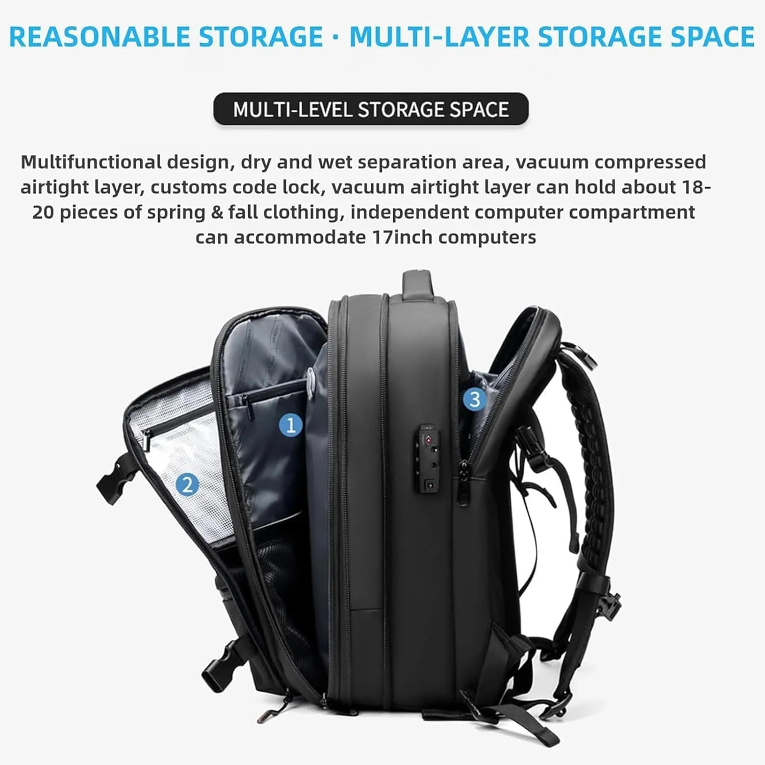 Vacspace Backpack, Veloussette Prestige Space Bag Vacuum Backpack Travel Anti Theft Lock Expandable Large Capacity (Dark grey, Large)