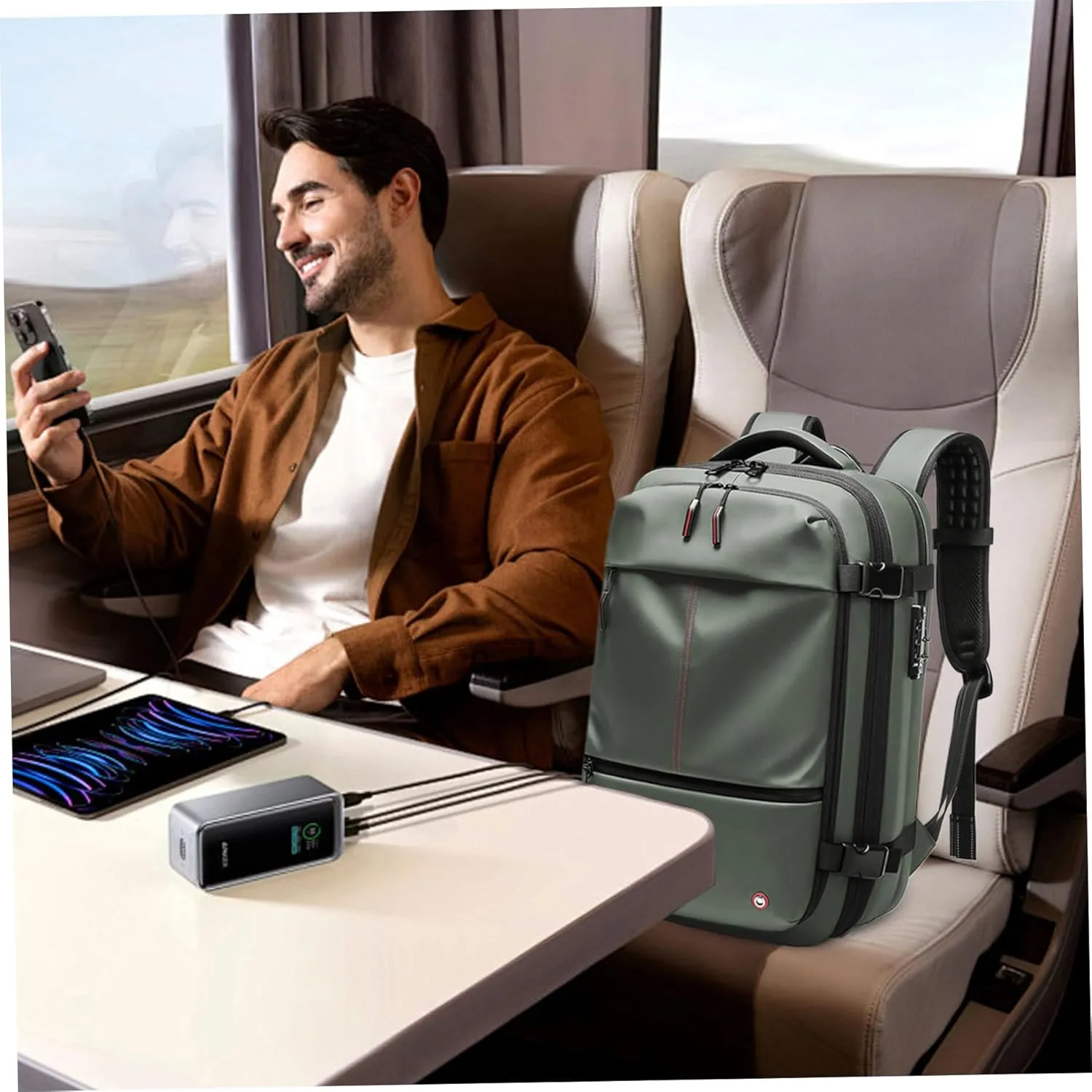 Vacuum Backpack Travel 60L Carry On Backpack Expandable Vacuum Seal Travel with Pockets Wet Dry Seperation Waterproof Large for Business Green