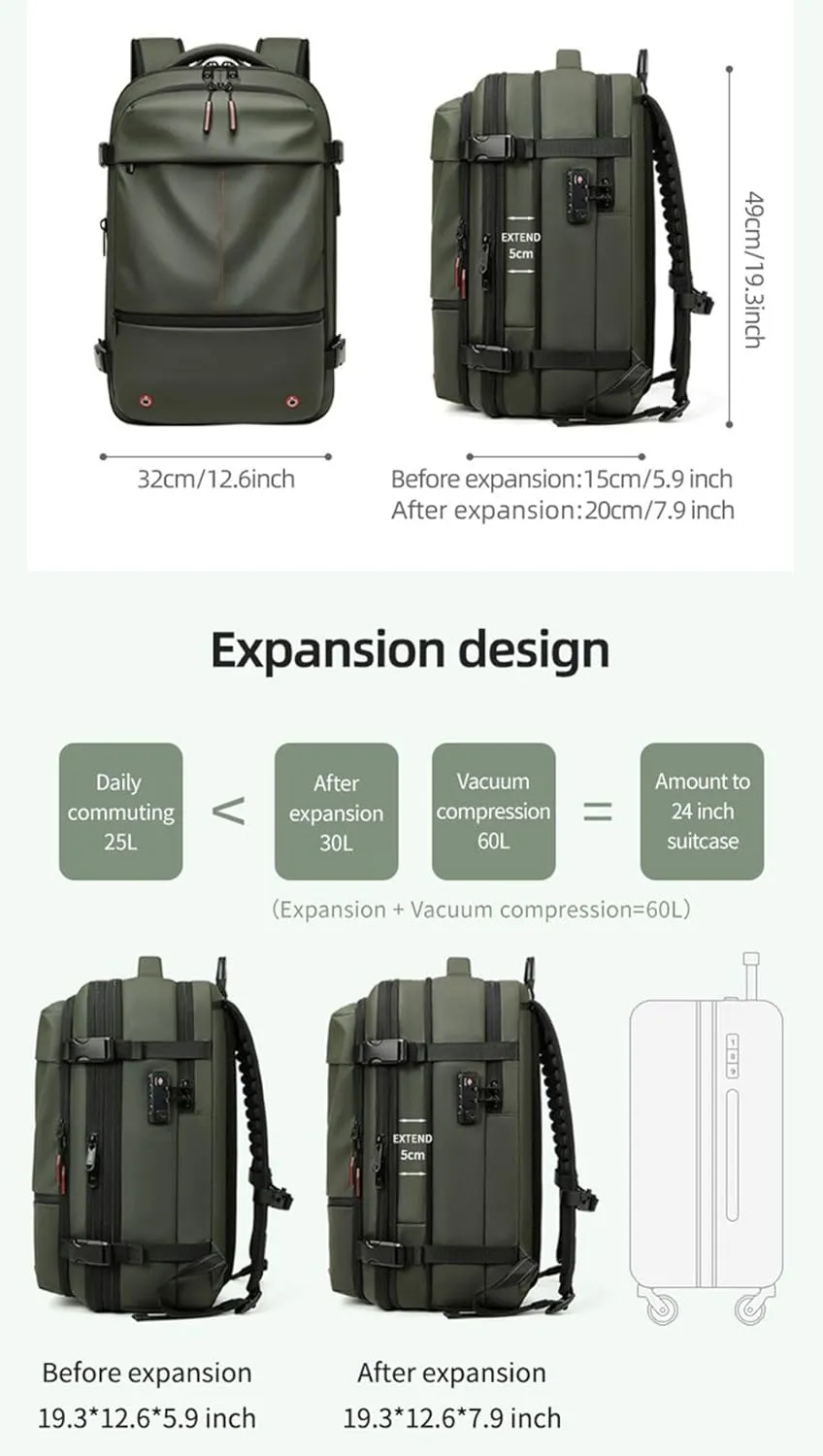 Vacuum Backpack Travel Bag, Compression Backpack with Pump, 60L Expandable Air Compression with Lock,Multi Pocket Waterproof (Army Green)