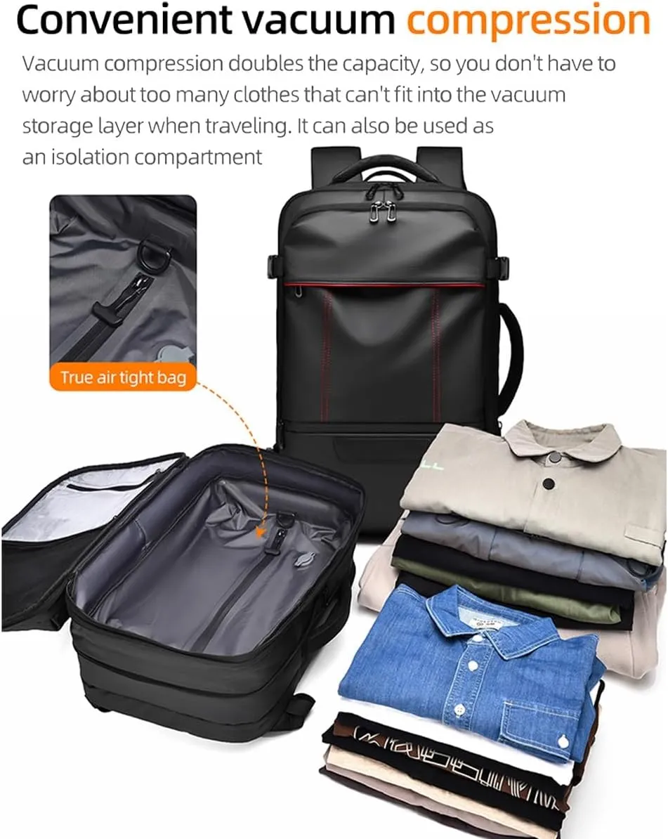 Vacuum Seal Carry on Backpack, Carry on Luggage with Vacuum Compression with Air Pump, Anti Theft Expandable Vacuum Suitcase with USB Charging Port for Laptop, Travel, Business, College, Camping(Black