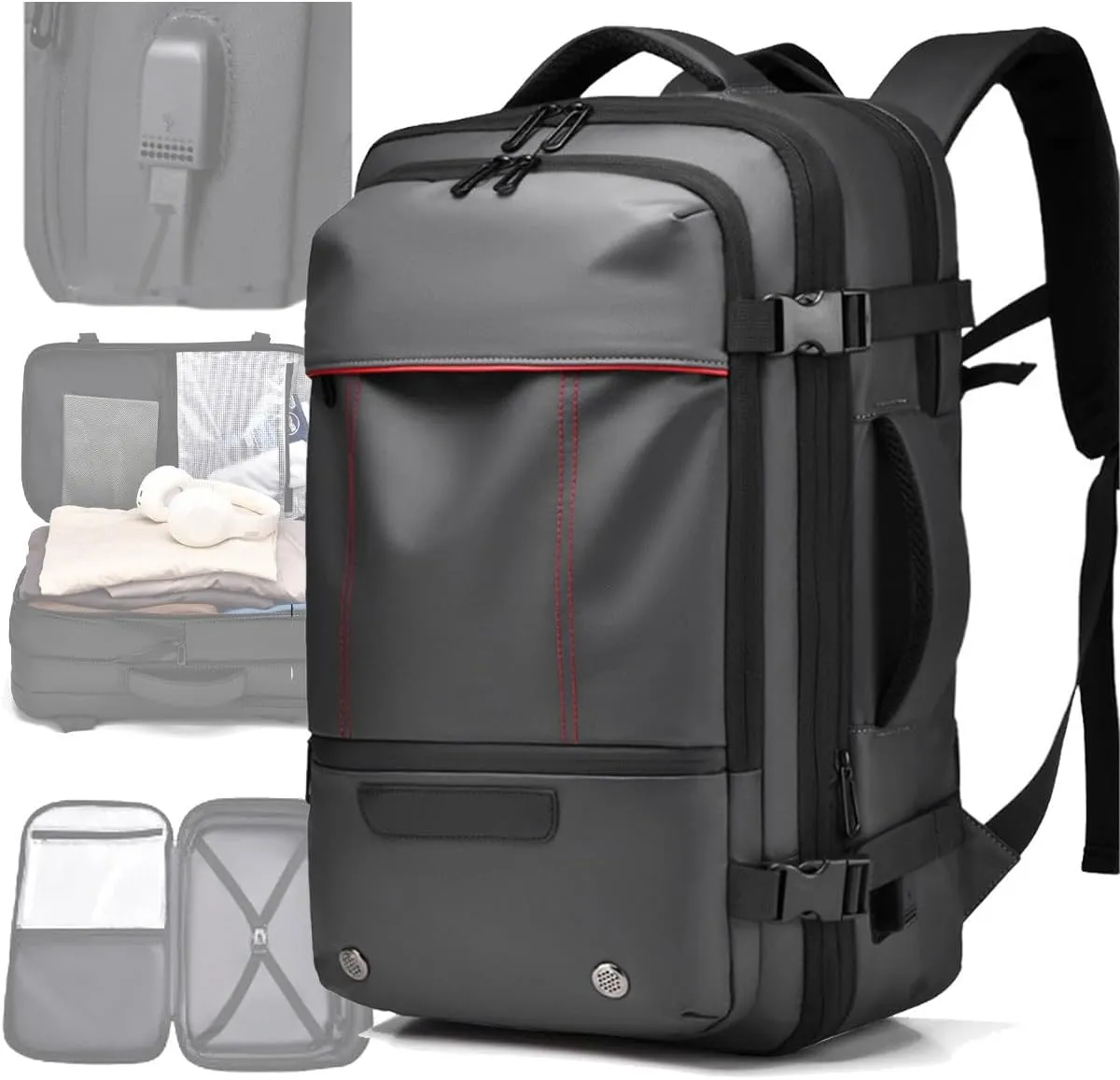 Vacuum Seal Carry on Backpack, Carry on Luggage with Vacuum Compression with Air Pump, Anti Theft Expandable Vacuum Suitcase with USB Charging Port for Laptop, Travel, Business, College, Camping(Gray