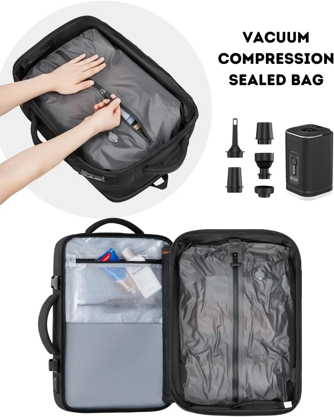 Vacuum Seal Compression Backpack Travle Backpack 60L Expandable Vacpack with USB Charging Port, Carry-On Suitcase Luggage Water-Resistant (Vacuum Pump Included)