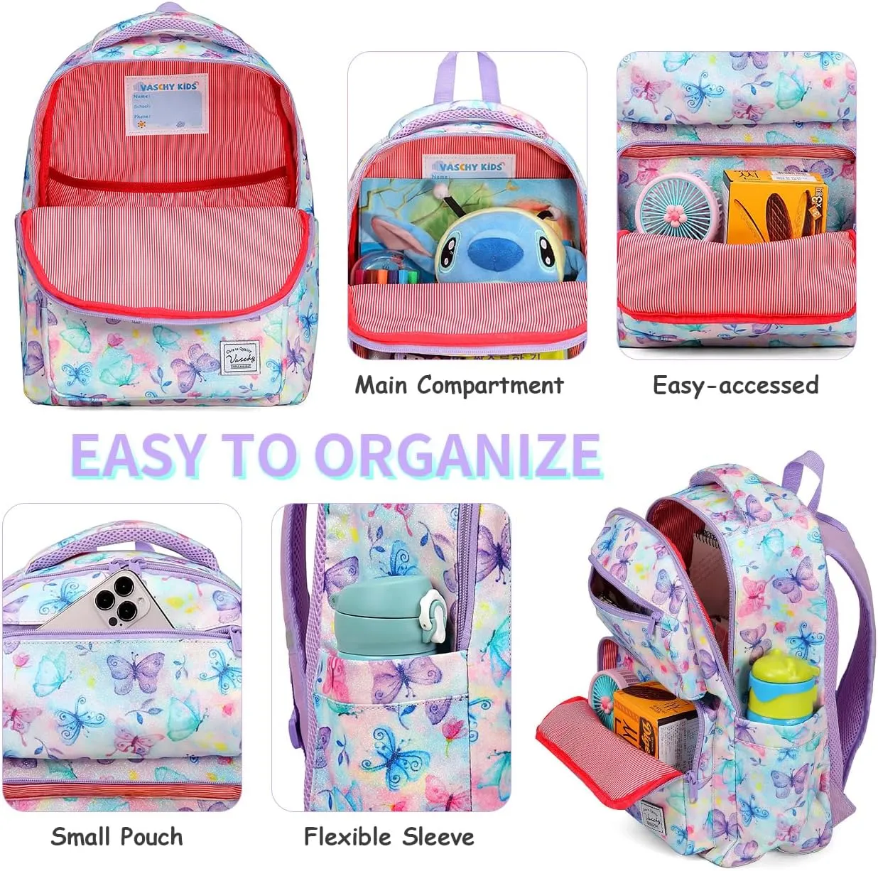 VASCHY Backpack for Girls, Kids Cute Kindergarten Preschool Children 12L Small Backpack Bookbag for School Travel Giltter Butterfly
