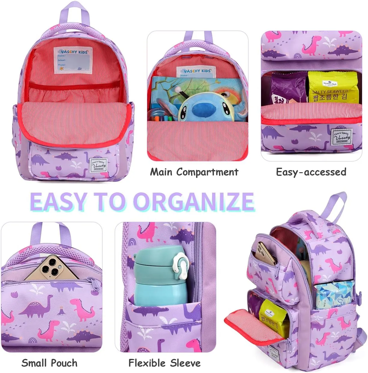 VASCHY Toddler Backpack for Girls, Kids Cute Kindergarten Daycare Children 7L Small Backpack Bookbag for School Travel Lilac Dinosaurs