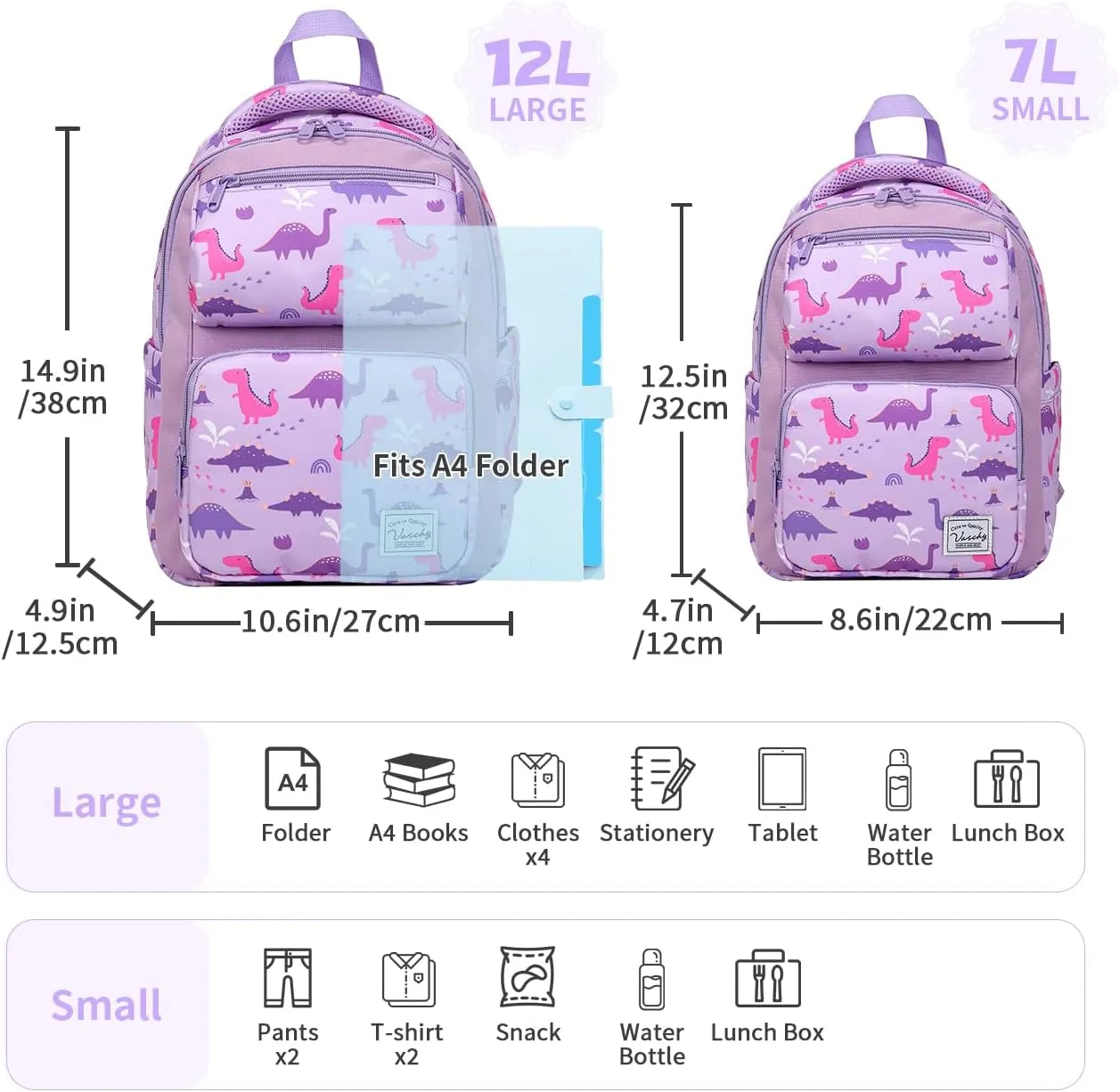 VASCHY Toddler Backpack for Girls, Kids Cute Kindergarten Daycare Children 7L Small Backpack Bookbag for School Travel Lilac Dinosaurs