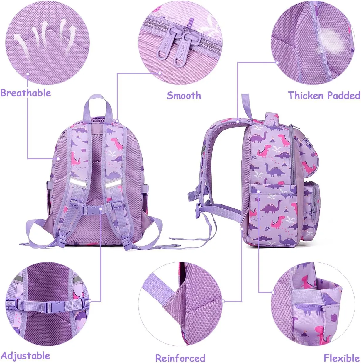VASCHY Toddler Backpack for Girls, Kids Cute Kindergarten Daycare Children 7L Small Backpack Bookbag for School Travel Lilac Dinosaurs