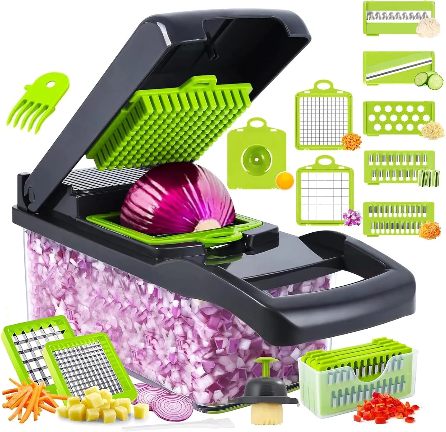 Vegetable Chopper with container,15-in-1 Multifunctional Veggie Chopper, Slicer, Dicer & Cutter for Kitchen – Food Processor with Container for Onion,Tomato, Potato, Fruits – Easy Clean & Storage
