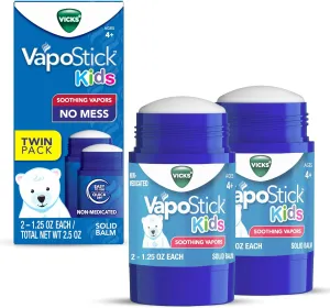 Vicks VapoStick Kids, Solid Balm, No Mess, for Kids Ages 4  Soothing Non-Medicated Vicks Vapors, Easy-to-Use No-Touch Applicator, Lightweight Feel, 1.25oz x 2