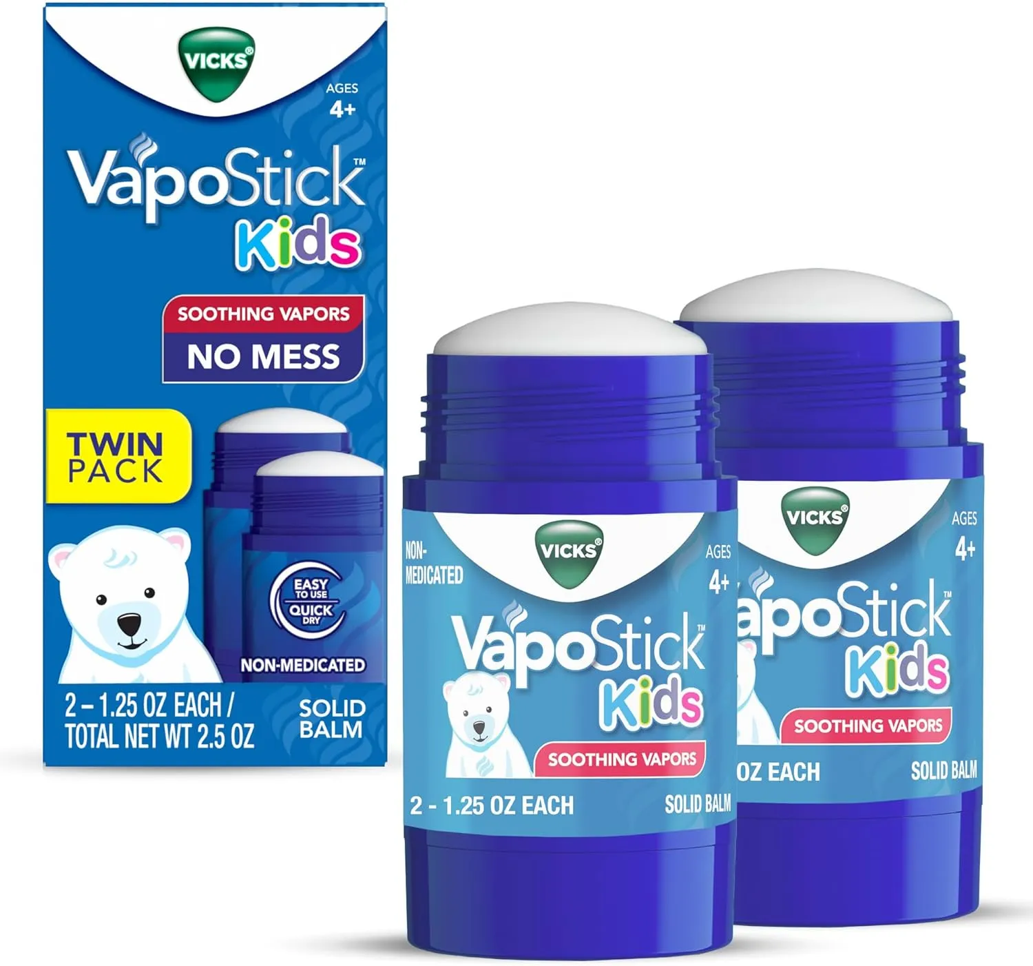Vicks VapoStick Kids, Solid Balm, No Mess, for Kids Ages 4  Soothing Non-Medicated Vicks Vapors, Easy-to-Use No-Touch Applicator, Lightweight Feel, 1.25oz x 2