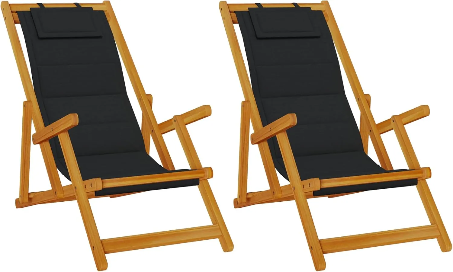 vidaXL Adjustable Folding Beach Chairs Set | 2 Piece Outdoor Seating Ergonomic Recliner Portable Camping Chair Solid Acacia Wood & Textilene Brown and Black Color Lounge with Armrest Reclining